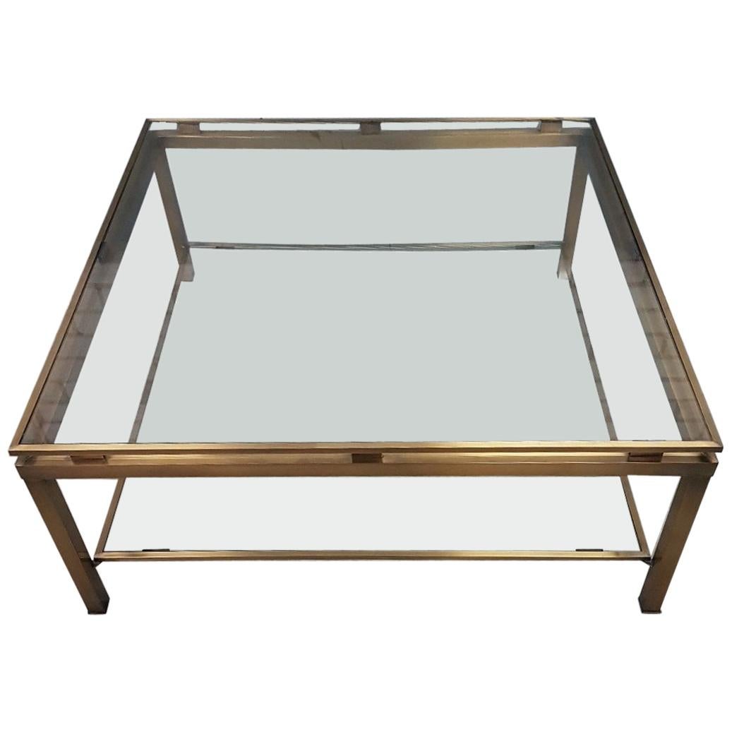 Brass Square Coffee Table with Cut Glass Shelves by Maison Jansen, 1970s