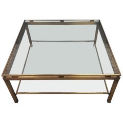 Brass Square Coffee Table with Cut Glass Shelves by Maison Jansen, 1970s