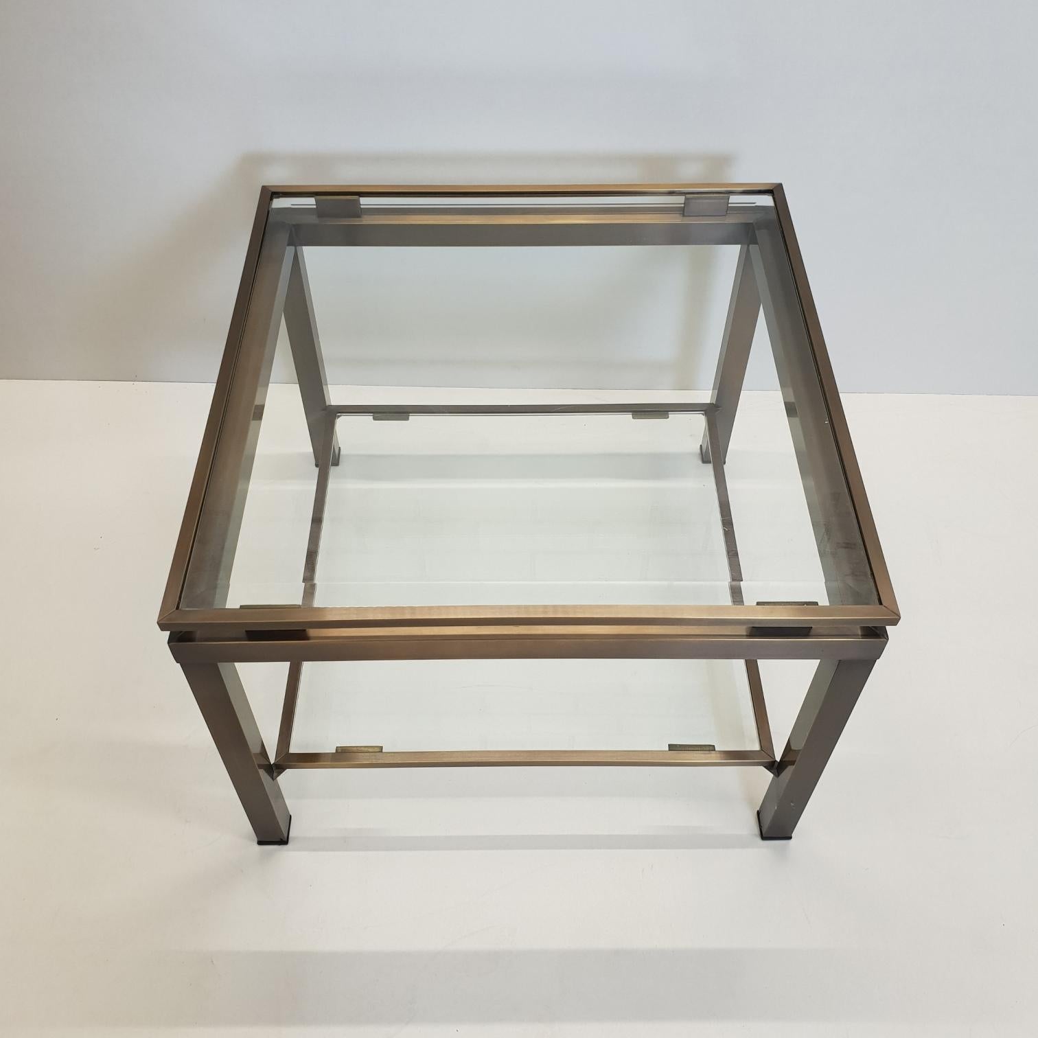 Hollywood Regency Brass square side table with two glass shelves by Maison Jansen, 1970s