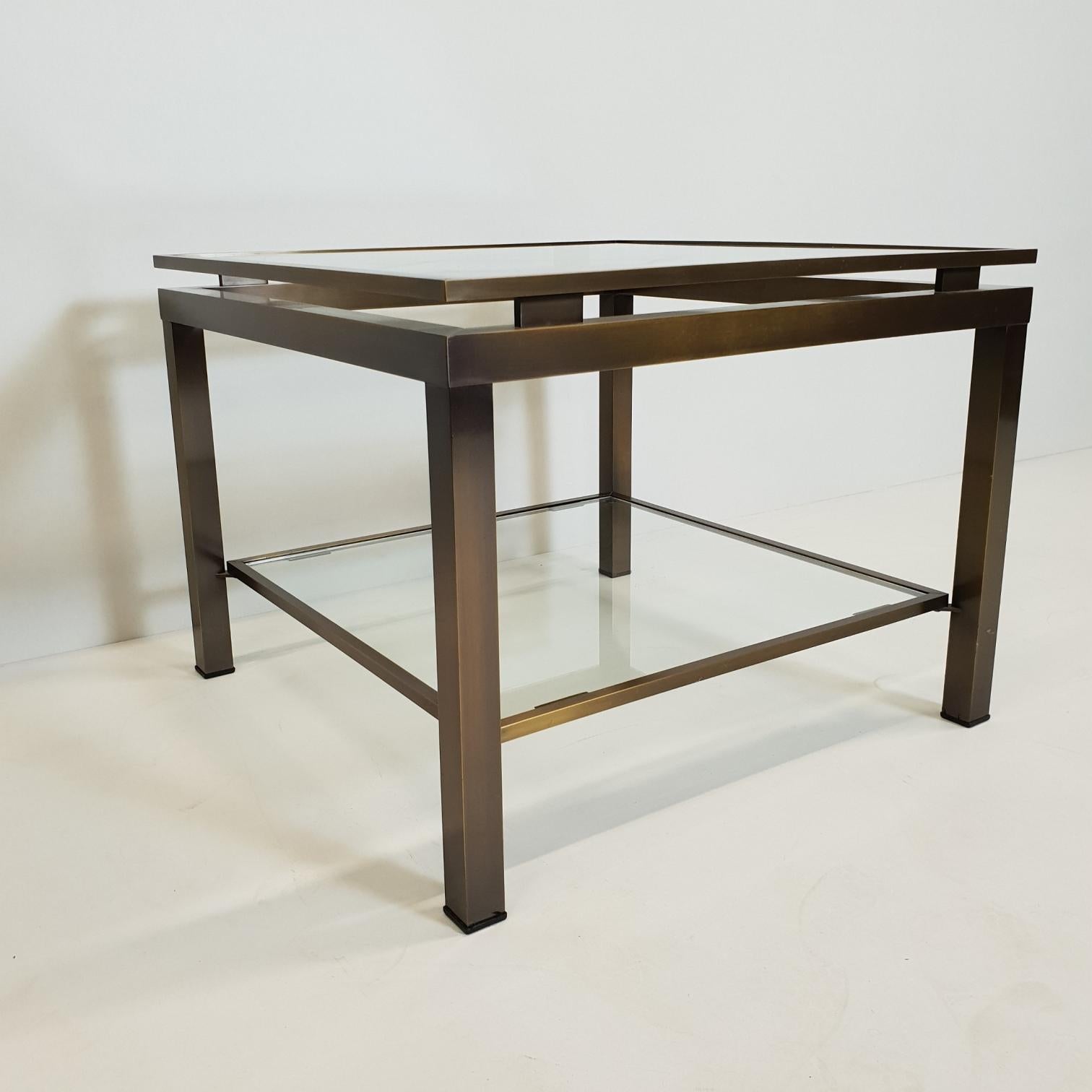 Brass square side table with two glass shelves by Maison Jansen, 1970s 1