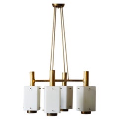 Brass Square Stilnovo Chandelier with Opaline Glass Sconce
