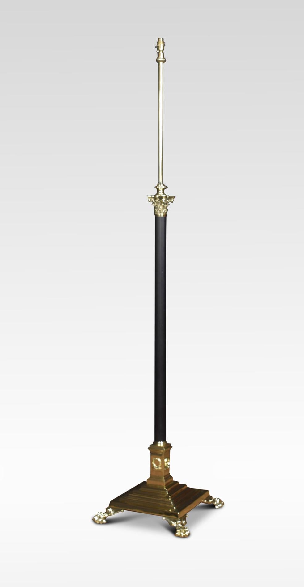 19th century brass standard lamp. Having ebonised Corinthian column and adjustable stem, on large stepped square base with paw feet. The lamp has been rewired.
Dimensions:
Height 54 inches adjustable to 72 inches
Length 15.5 inches
width 15.5