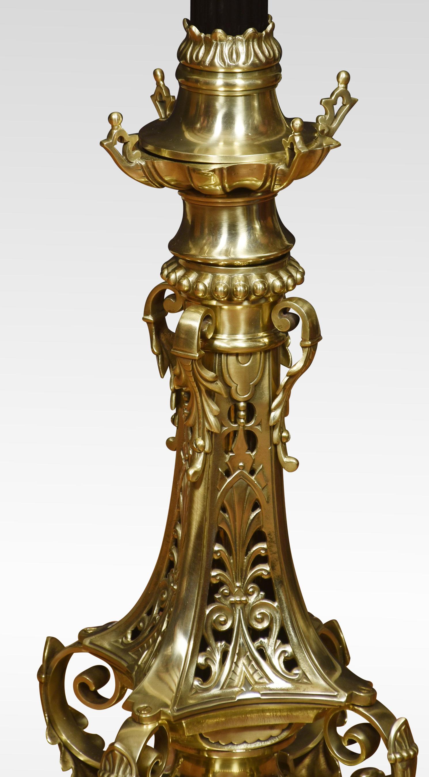 Brass standard lamp, with a circular adjustable reeded ebonized column. Raised up on pierced base with the goddess Nike mounts. The lamp has been rewired and tested.
Dimensions
Height 51.5 inches ajustable to 79 inches
Width 14 inches
Depth 14