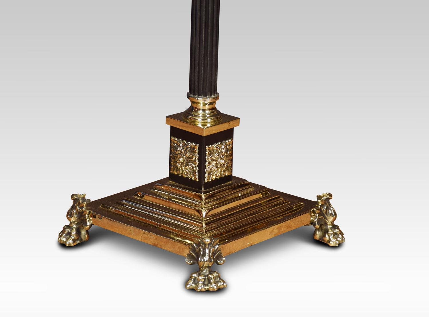 19th century brass standard lamp. Having ebonized Corinthian column and adjustable stem, on large stepped square base with paw feet. The lamp has been rewired.
Dimensions:
Height 52 inches adjustable to 86 inches
Width 13.5 inches
Depth 13.5