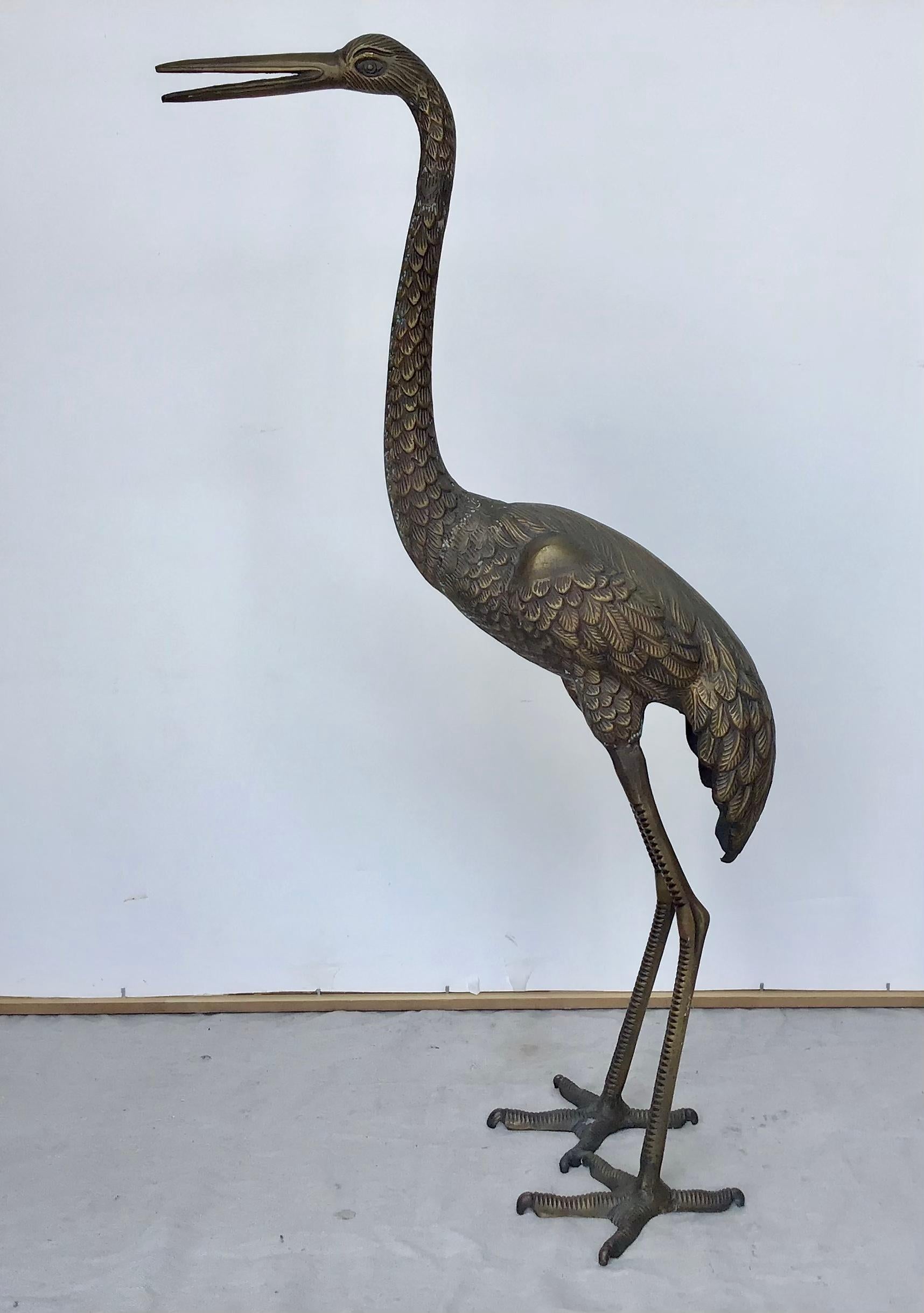 Organic Modern Brass Standing Crane Statue