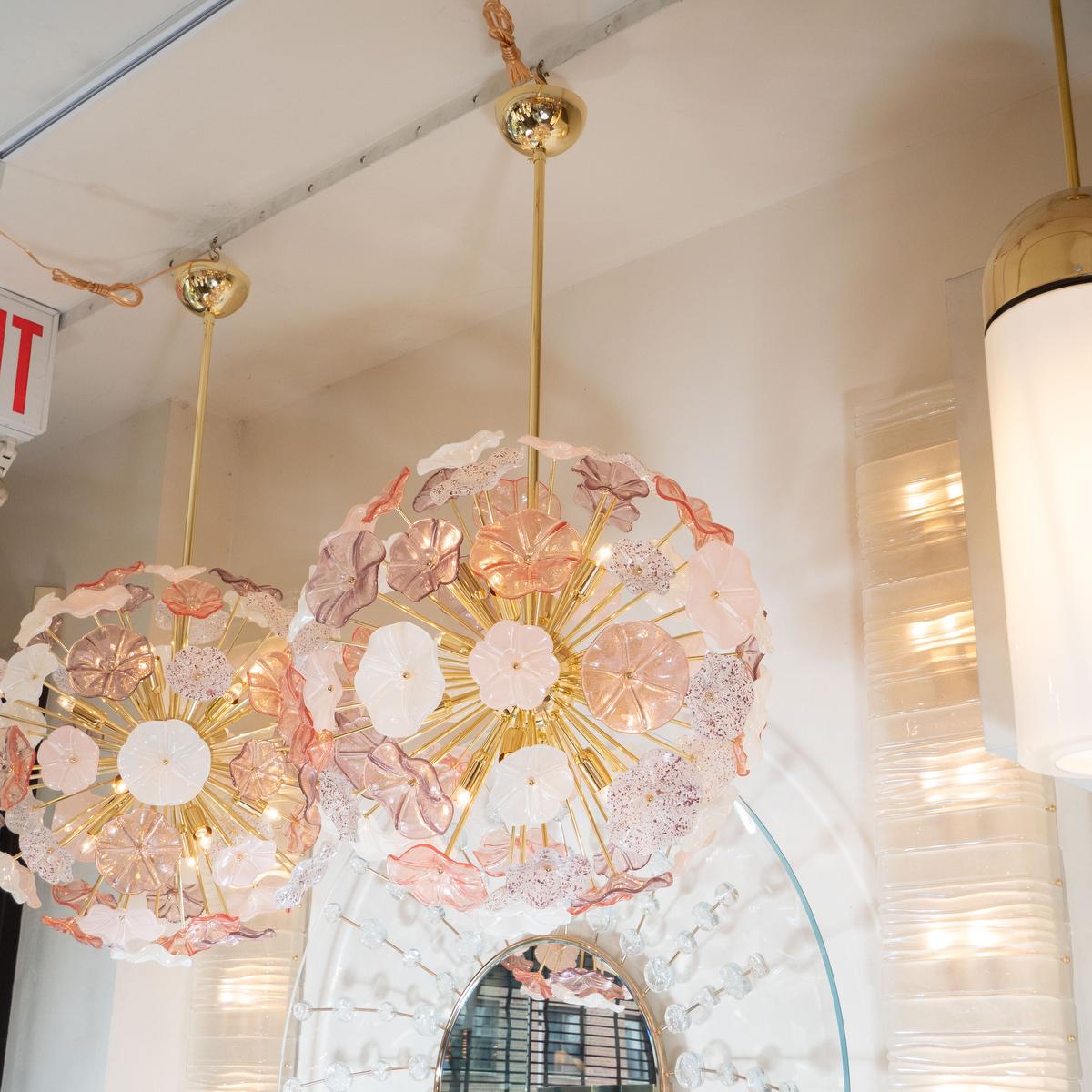 Brass Starburst Pendant Fixture with Pink and White Glass Floral Design In New Condition In New York, NY