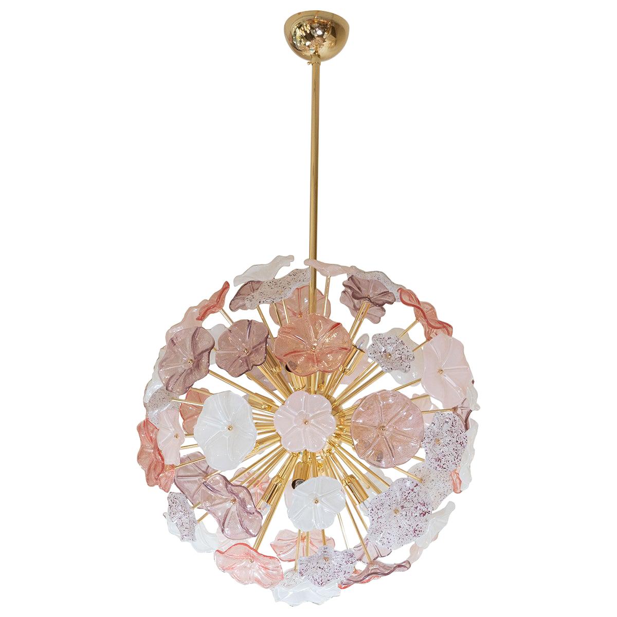 Brass Starburst Pendant Fixture with Pink and White Glass Floral Design