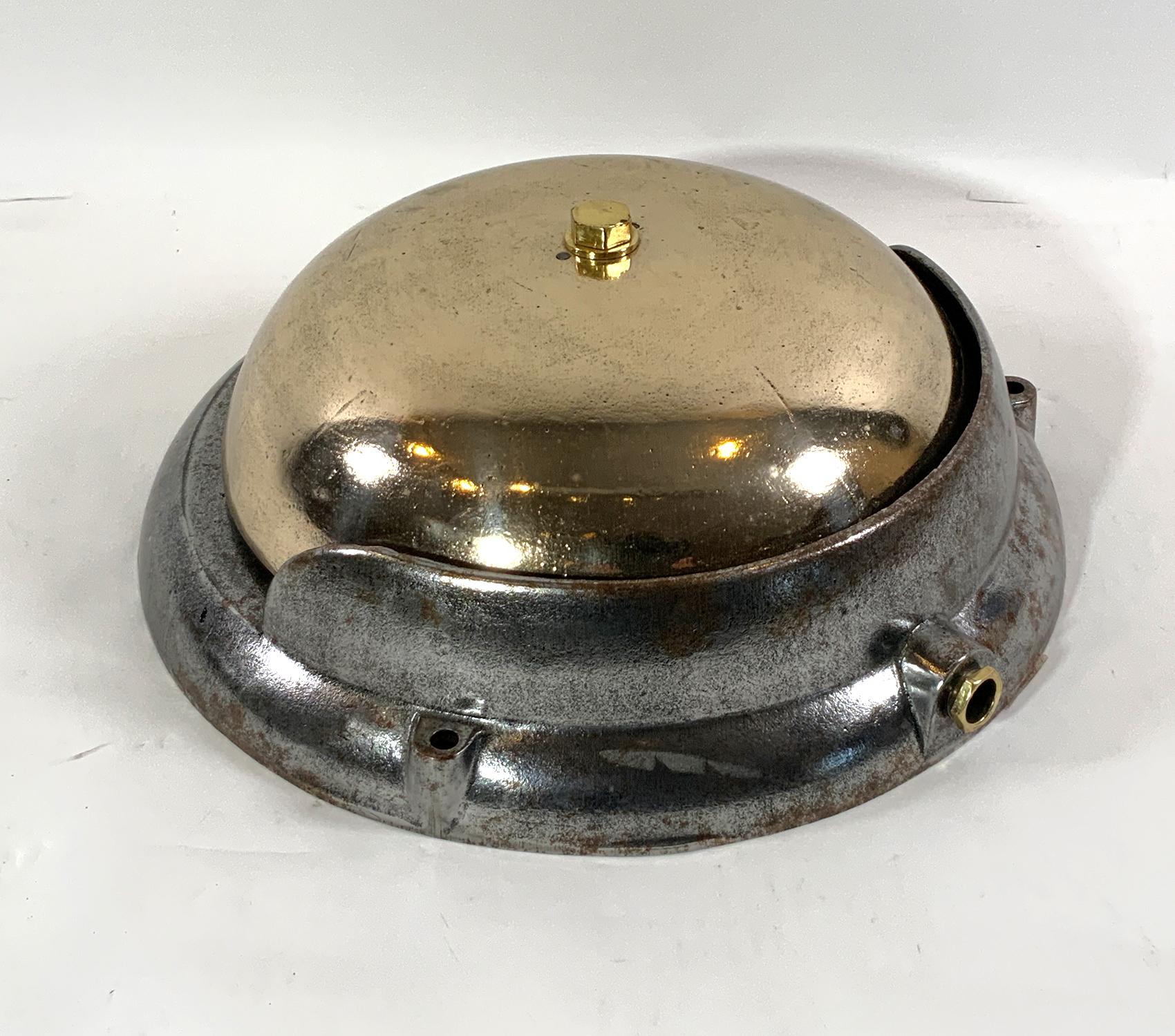 English Brass Steamship Bell Mounted to an Iron Frame For Sale