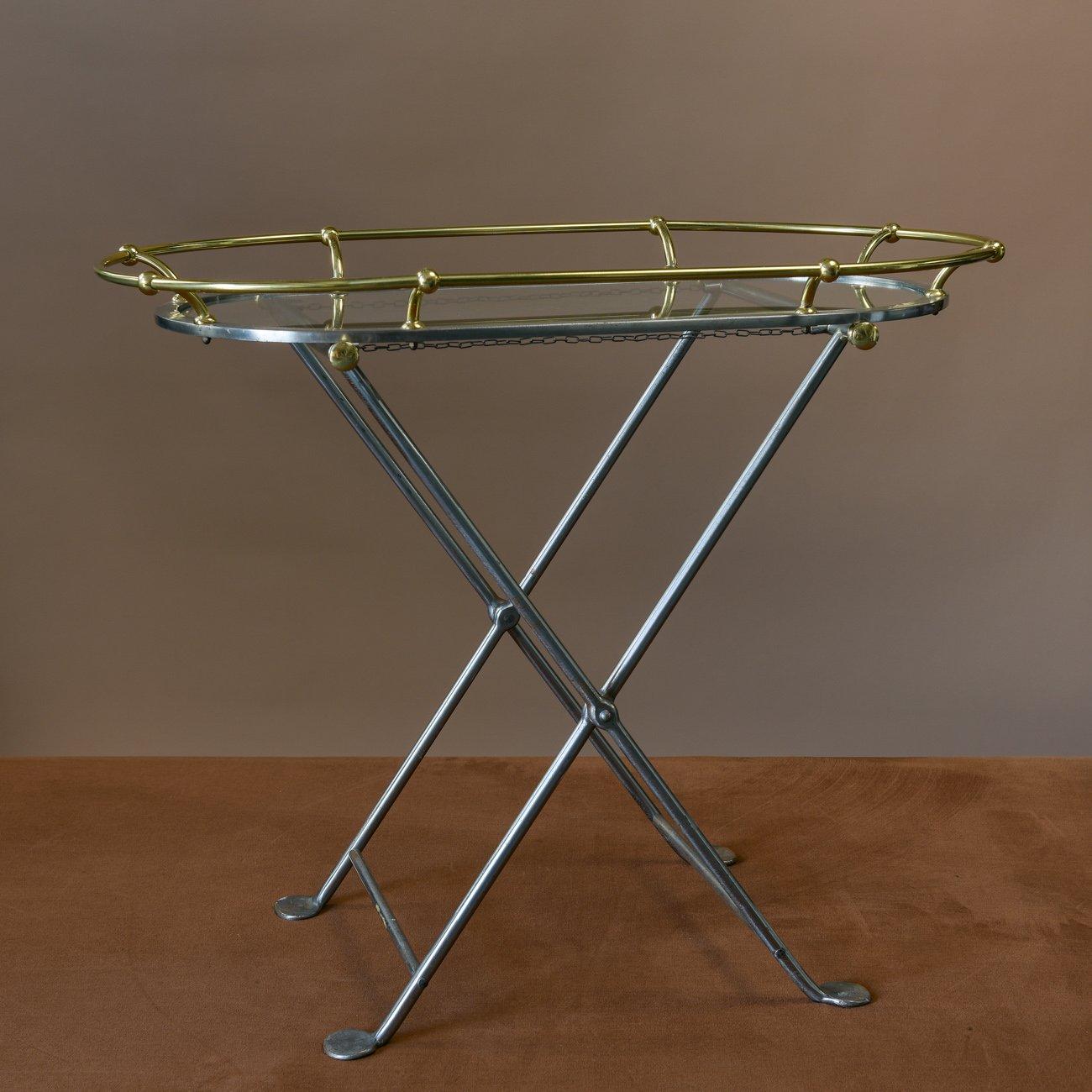 Metal Brass, Steel and Glass Tray Table, circa 1960 For Sale