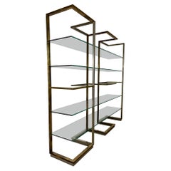 Libreria in ottone e acciaio con ripiani in vetro, Italia, anni '70