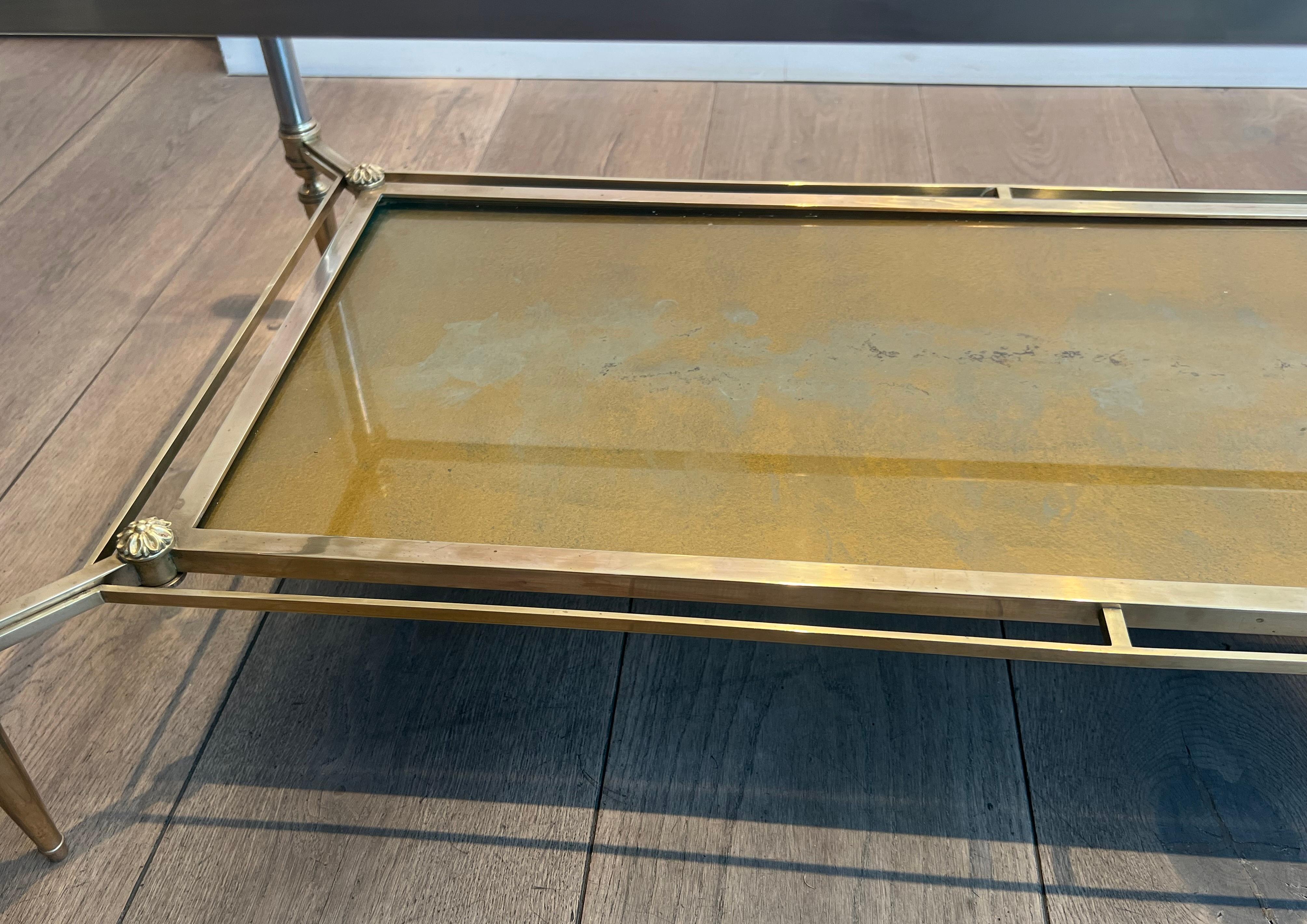 Brass & Steel Coffee Table with Glass & Eglomised Mirror Tops by Maison Jansen For Sale 4