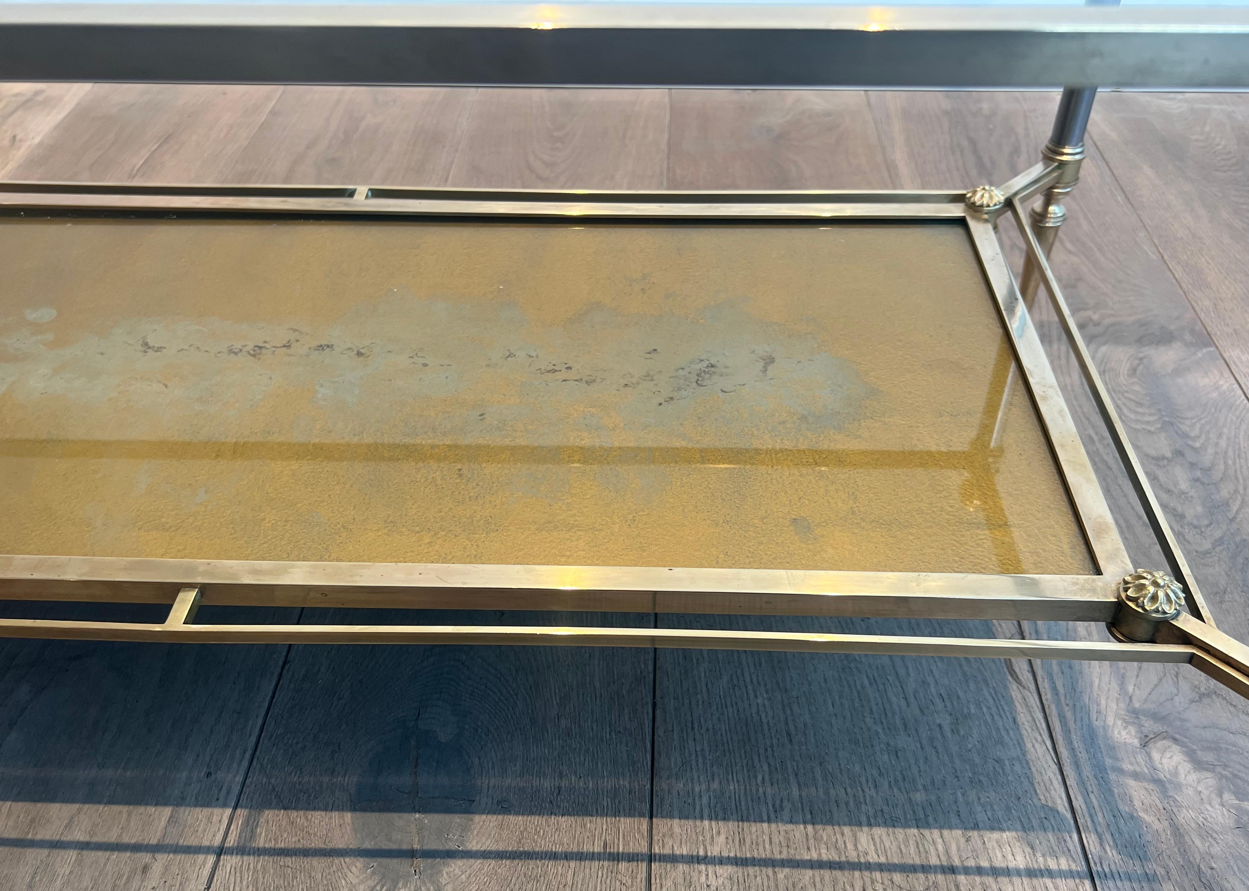 Brass & Steel Coffee Table with Glass & Eglomised Mirror Tops by Maison Jansen For Sale 5