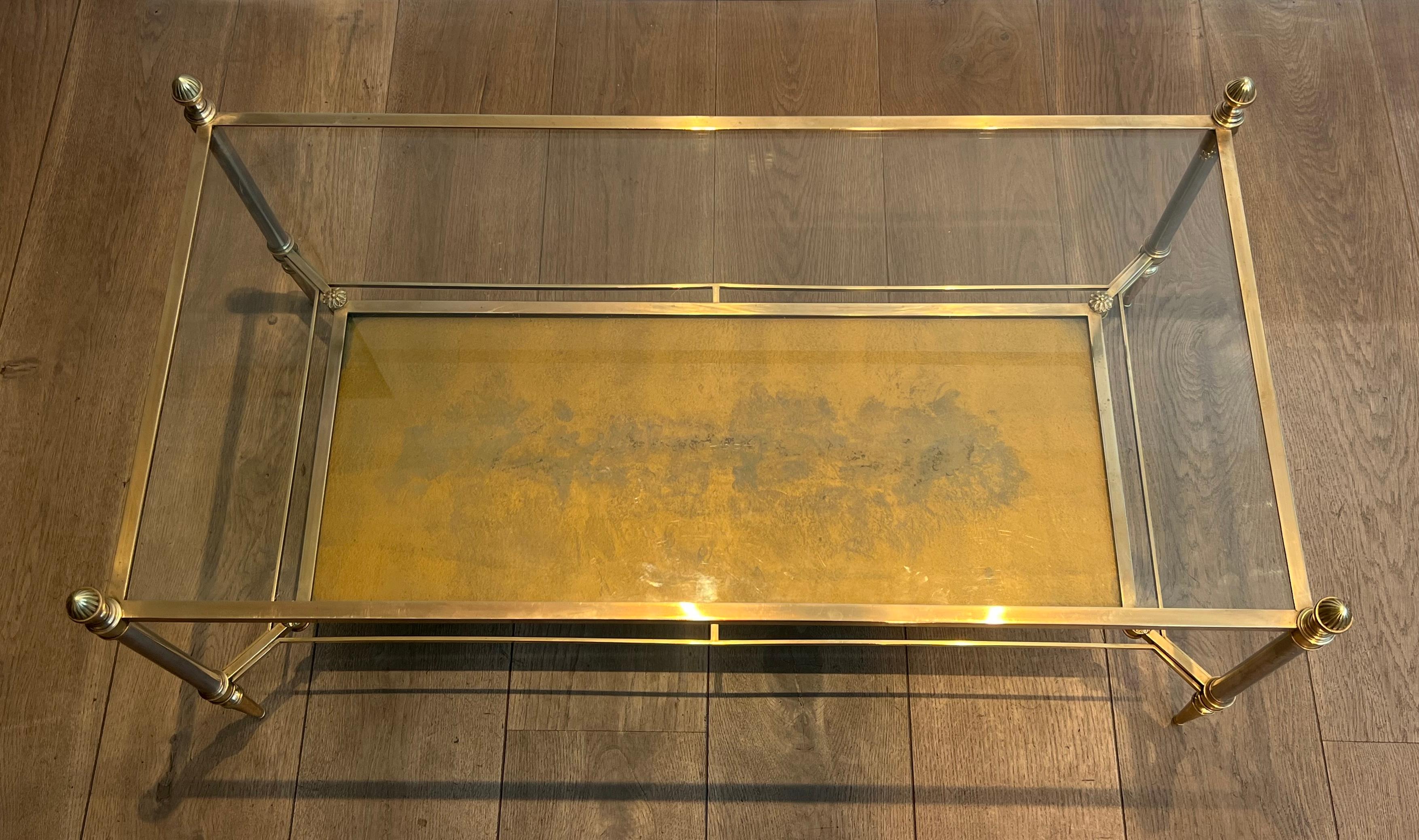 Brass & Steel Coffee Table with Glass & Eglomised Mirror Tops by Maison Jansen For Sale 11