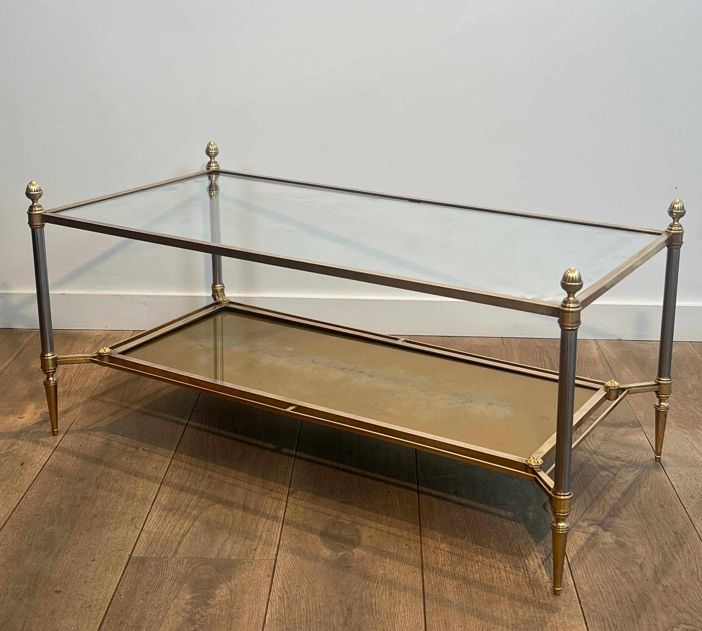 Brass & Steel Coffee Table with Glass & Eglomised Mirror Tops by Maison Jansen For Sale 14