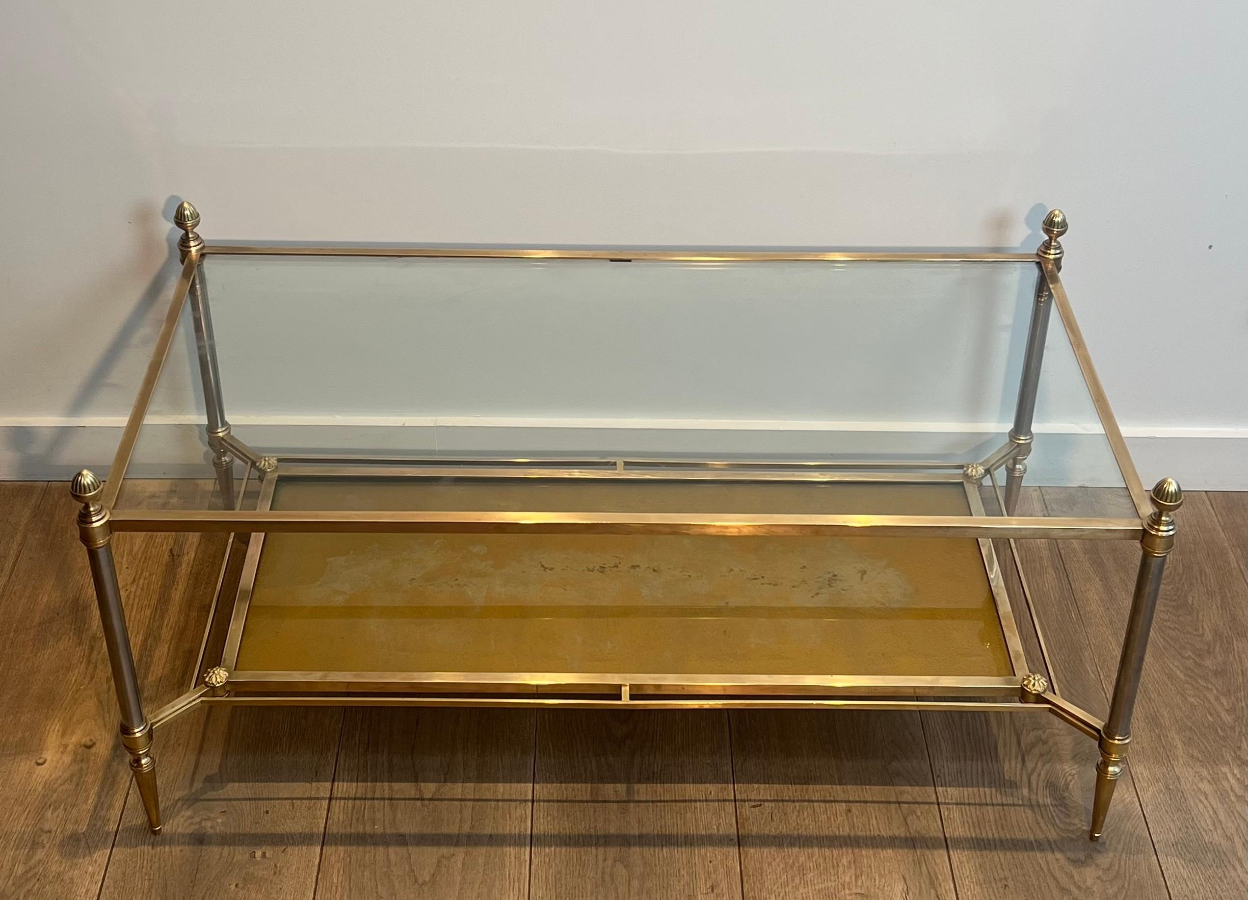 Neoclassical Brass & Steel Coffee Table with Glass & Eglomised Mirror Tops by Maison Jansen For Sale