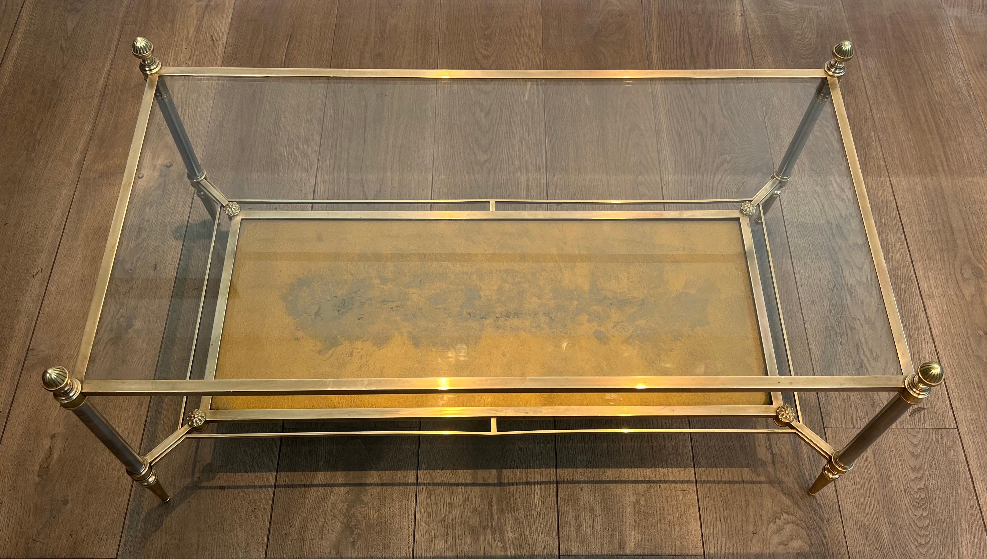 French Brass & Steel Coffee Table with Glass & Eglomised Mirror Tops by Maison Jansen For Sale