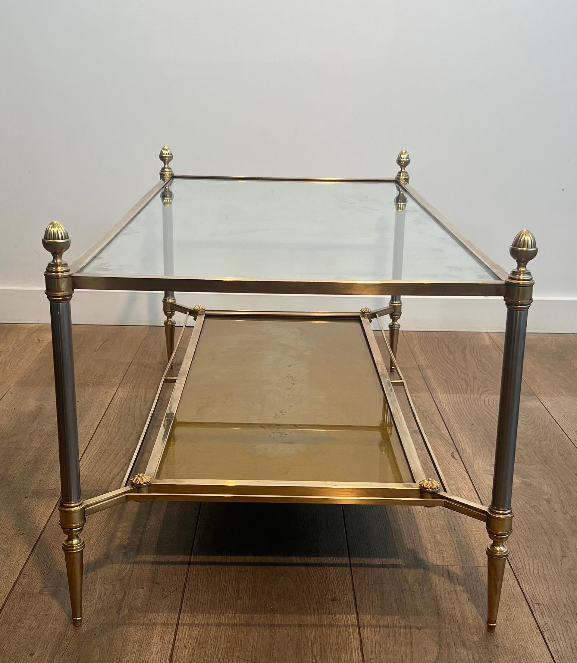 Brass & Steel Coffee Table with Glass & Eglomised Mirror Tops by Maison Jansen In Good Condition For Sale In Marcq-en-Barœul, Hauts-de-France
