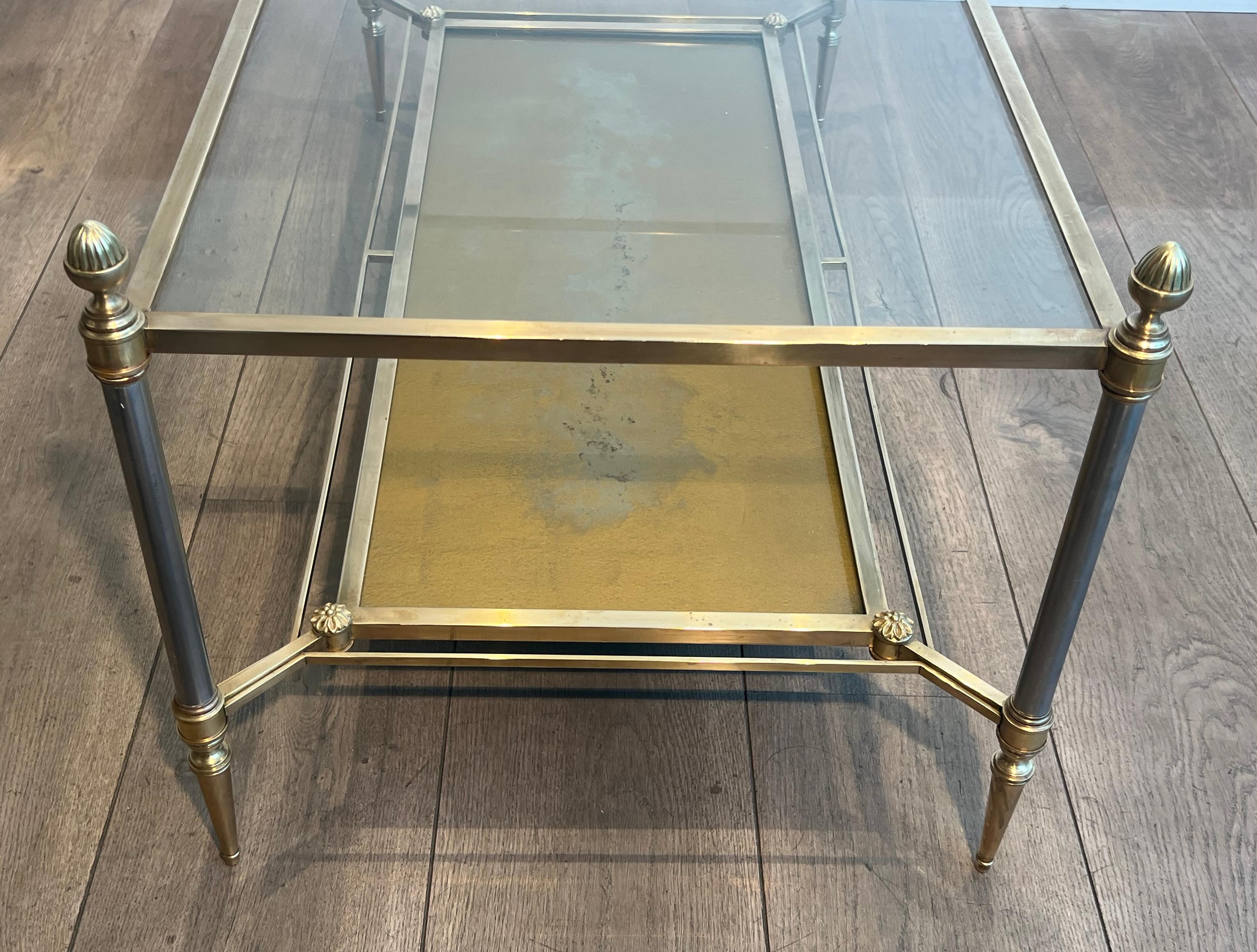 Mid-20th Century Brass & Steel Coffee Table with Glass & Eglomised Mirror Tops by Maison Jansen For Sale
