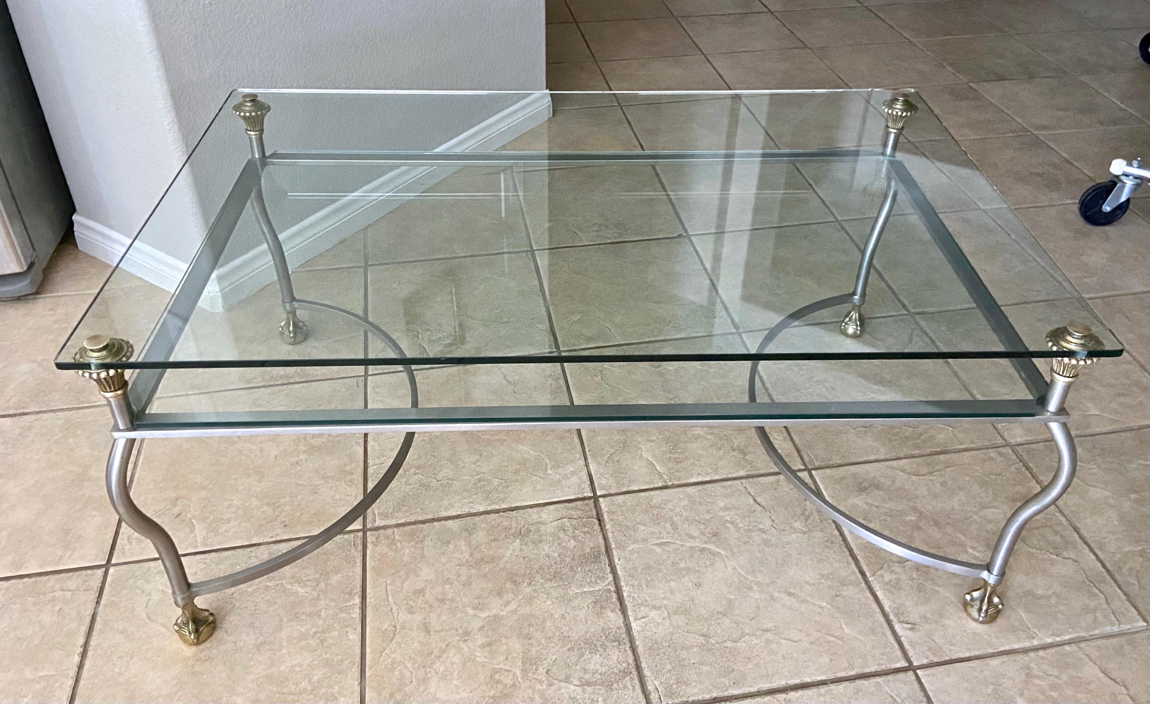 Brass Steel Jansen Style Claw Feet Cocktail Coffee Table In Good Condition For Sale In Palm Springs, CA
