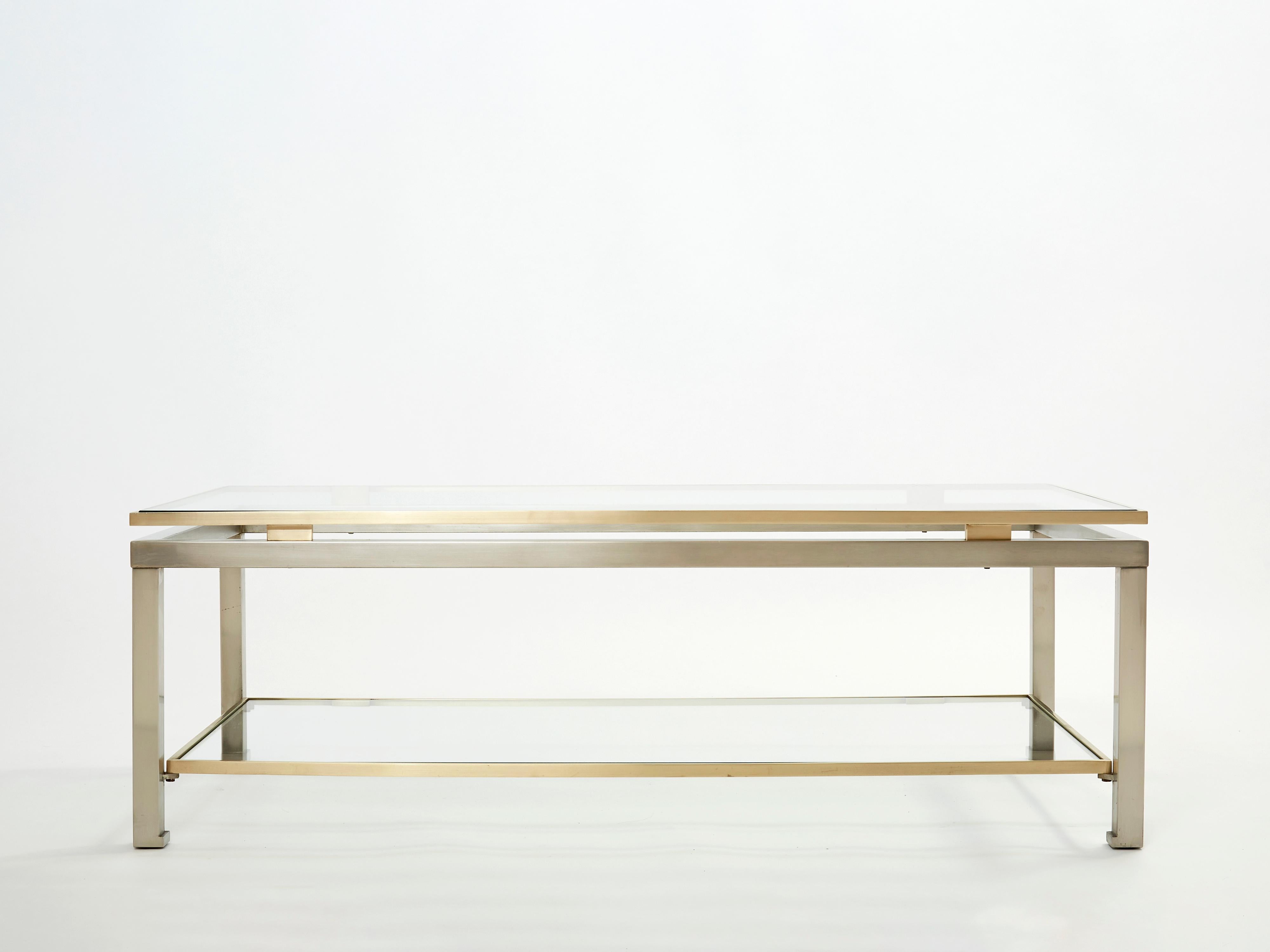 Brass Steel Two-Tier Coffee Table by Guy Lefevre for Maison Jansen, 1970s In Good Condition For Sale In Paris, IDF