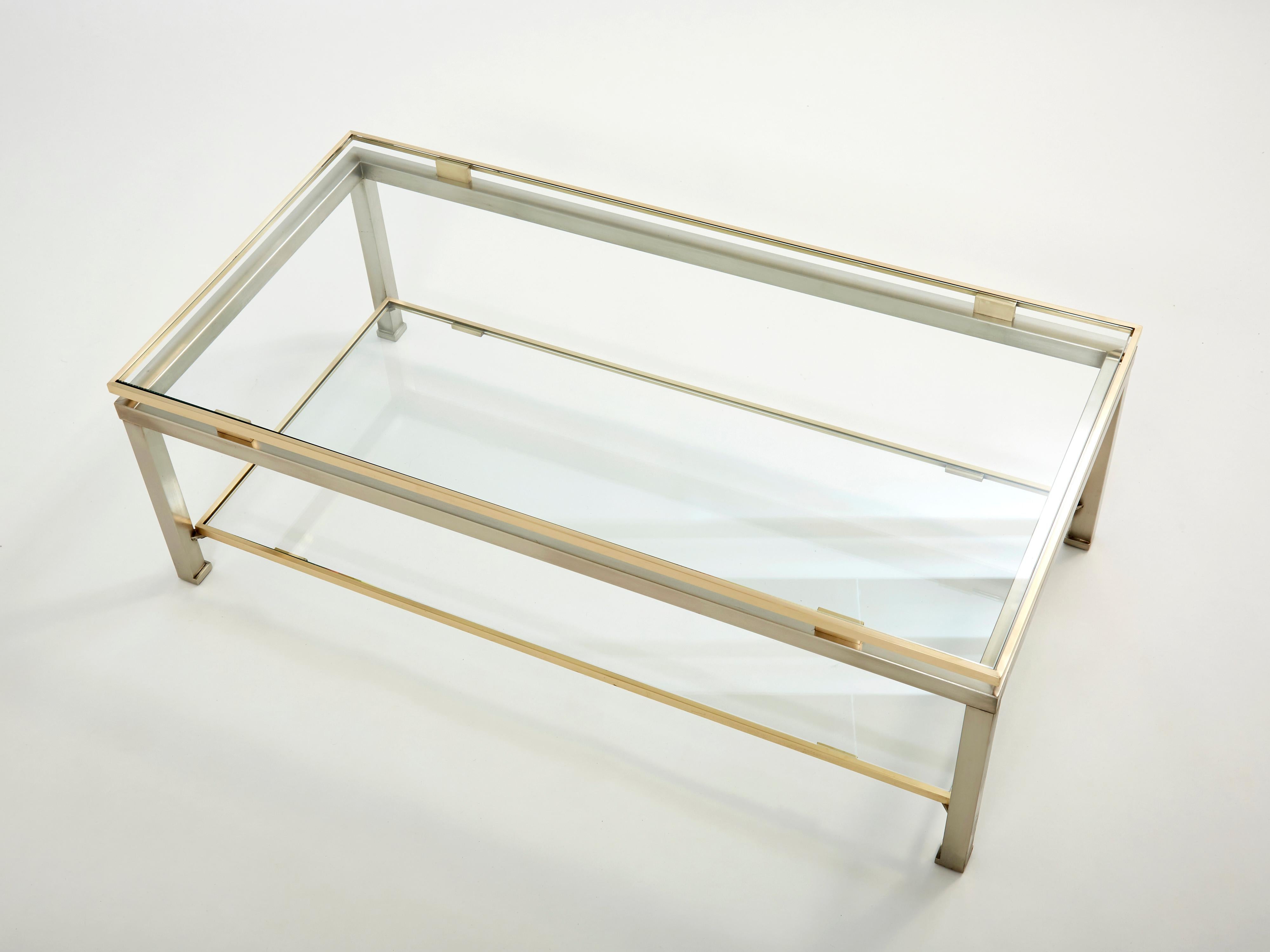 Late 20th Century Brass Steel Two-Tier Coffee Table by Guy Lefevre for Maison Jansen, 1970s For Sale