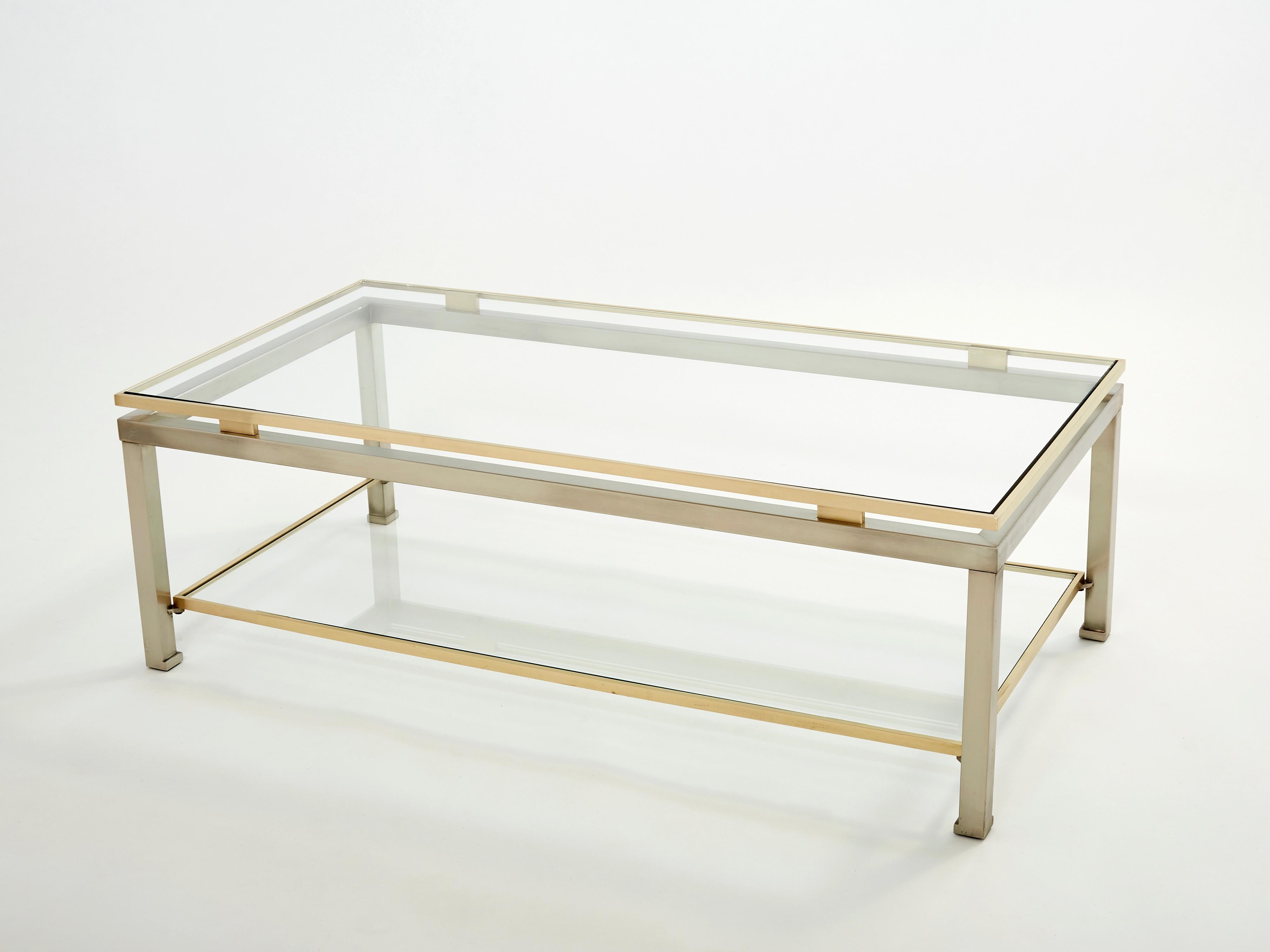 Table basse à deux niveaux en acier et laiton de Guy Lefevre pour Maison Jansen, années 1970 2
