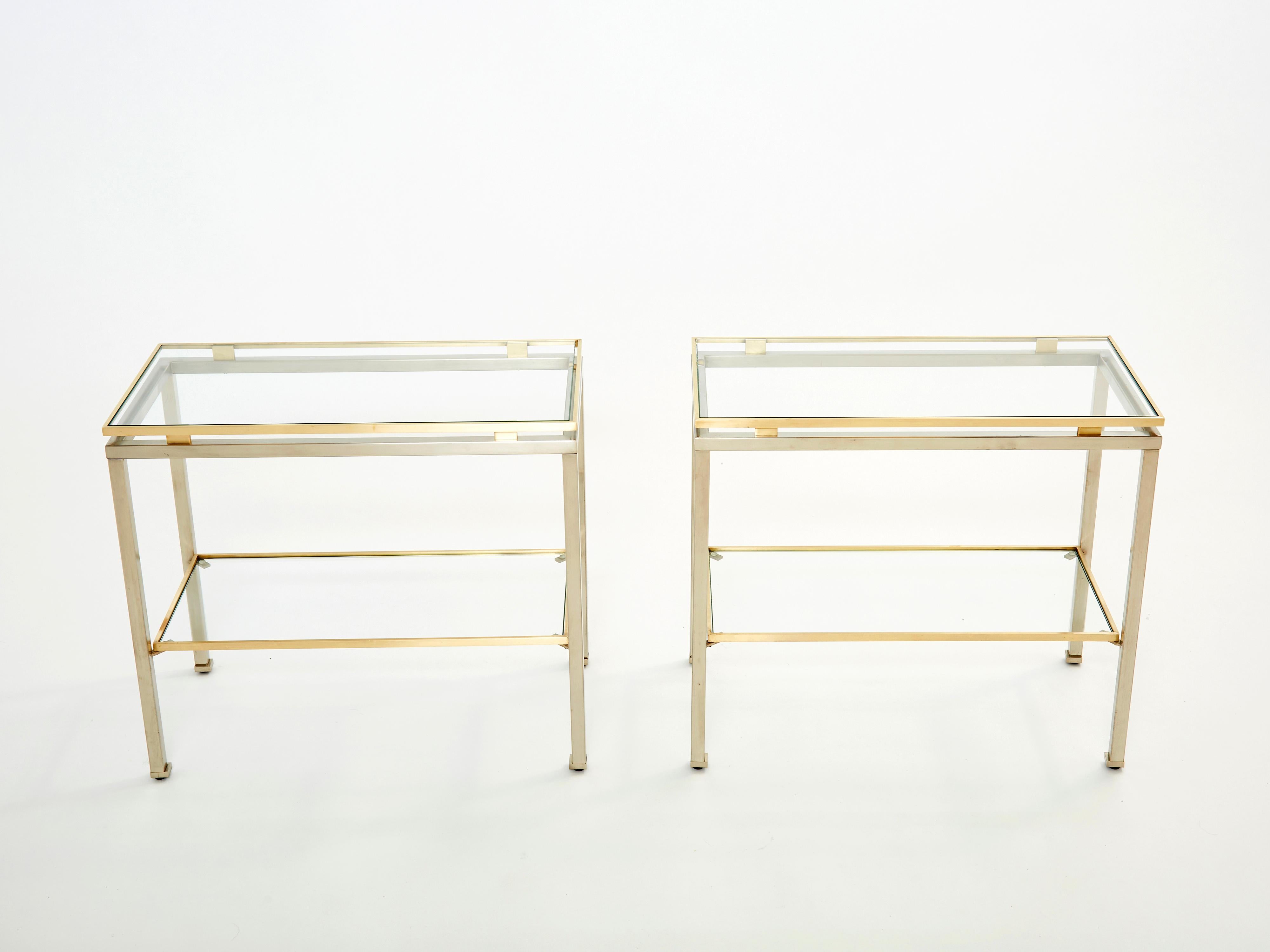 Mid-Century Modern Brass Steel Two-Tier End Tables by Guy Lefevre for Maison Jansen, 1970s For Sale