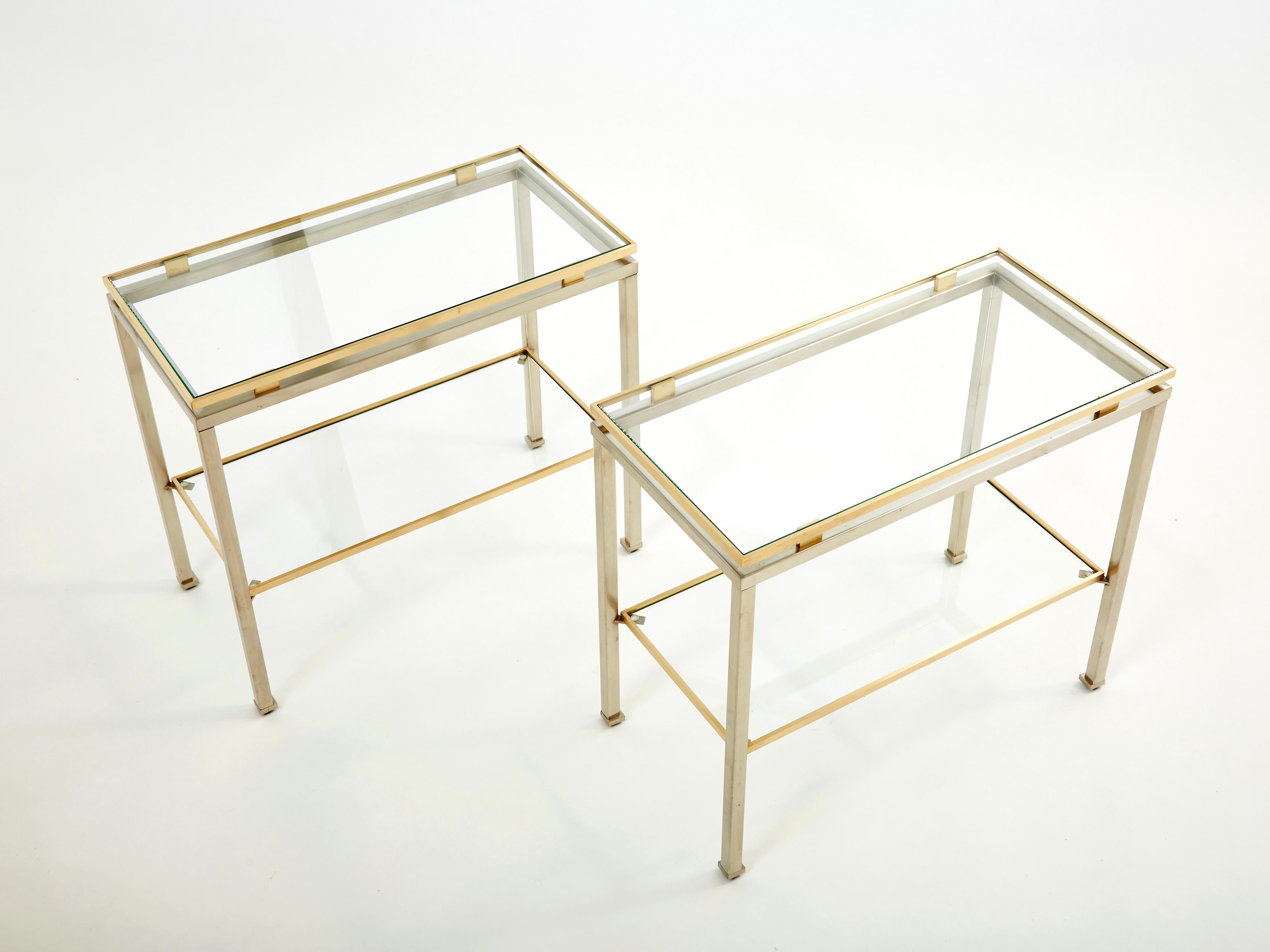 French Brass Steel Two-Tier End Tables by Guy Lefevre for Maison Jansen, 1970s For Sale