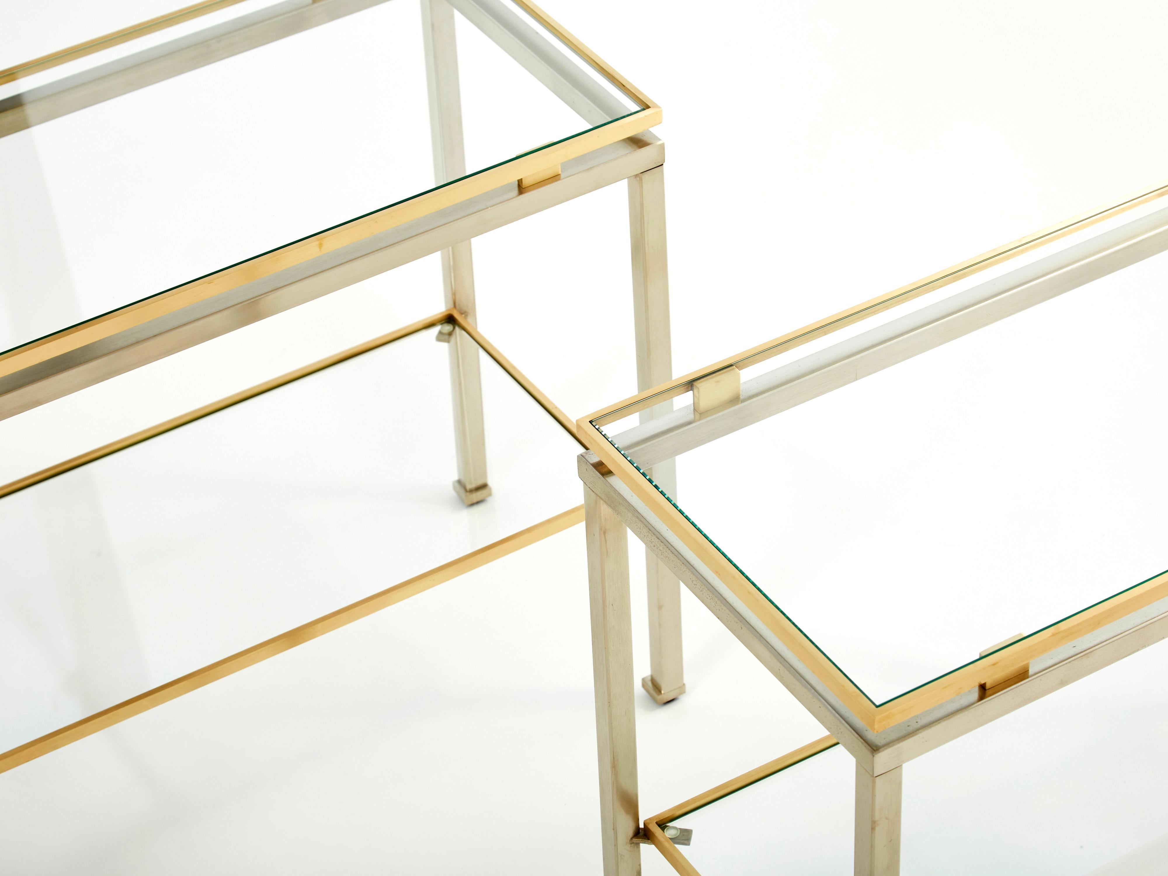 Brass Steel Two-Tier End Tables by Guy Lefevre for Maison Jansen, 1970s In Good Condition For Sale In Paris, IDF