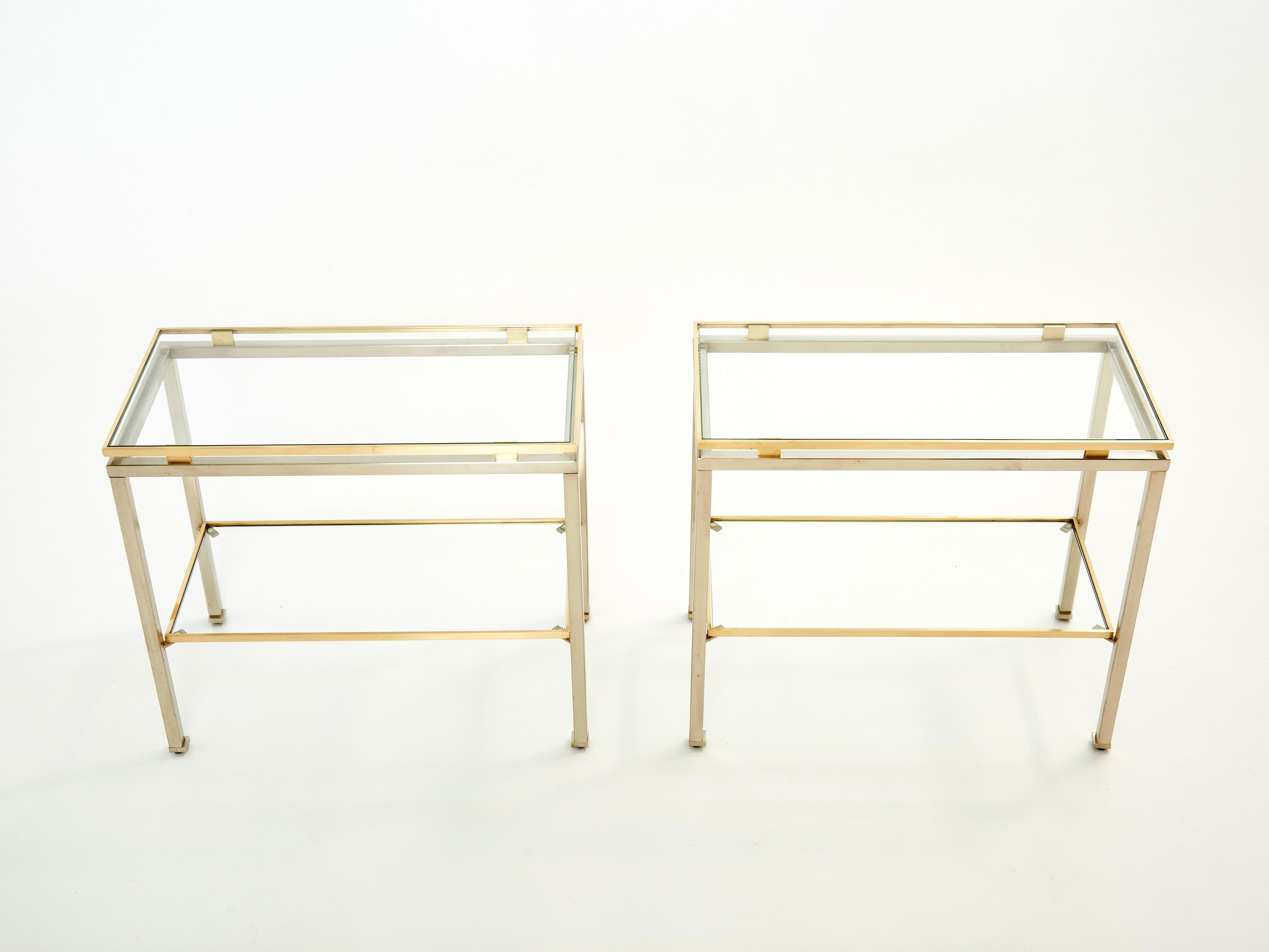 Brass Steel Two-Tier End Tables by Guy Lefevre for Maison Jansen, 1970s For Sale 3