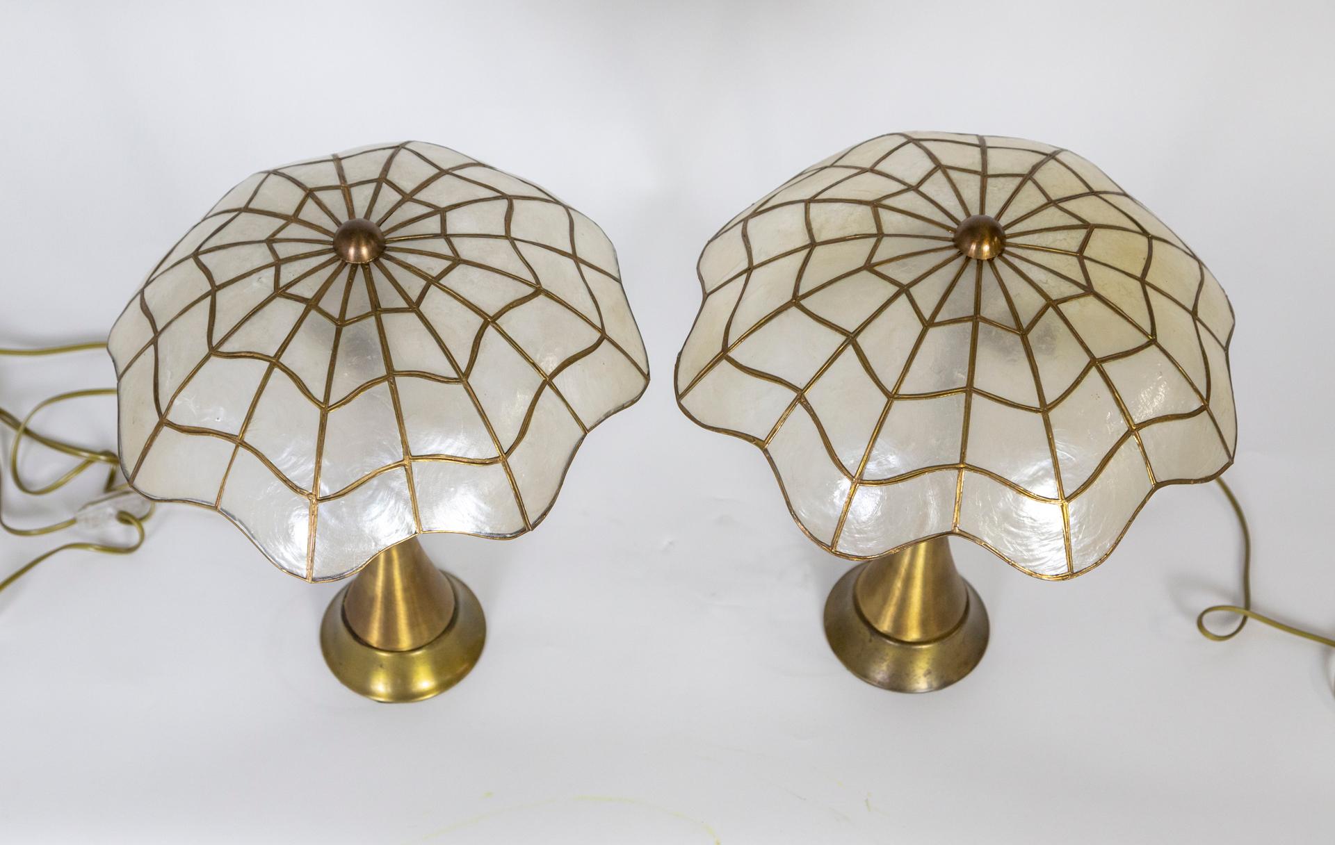 Brass Stemmed Lamps w/ Capiz Shell Umbrella Shades, Pair For Sale 4