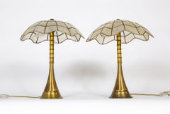 Brass Stemmed Lamps w/ Capiz Shell Umbrella Shades, Pair