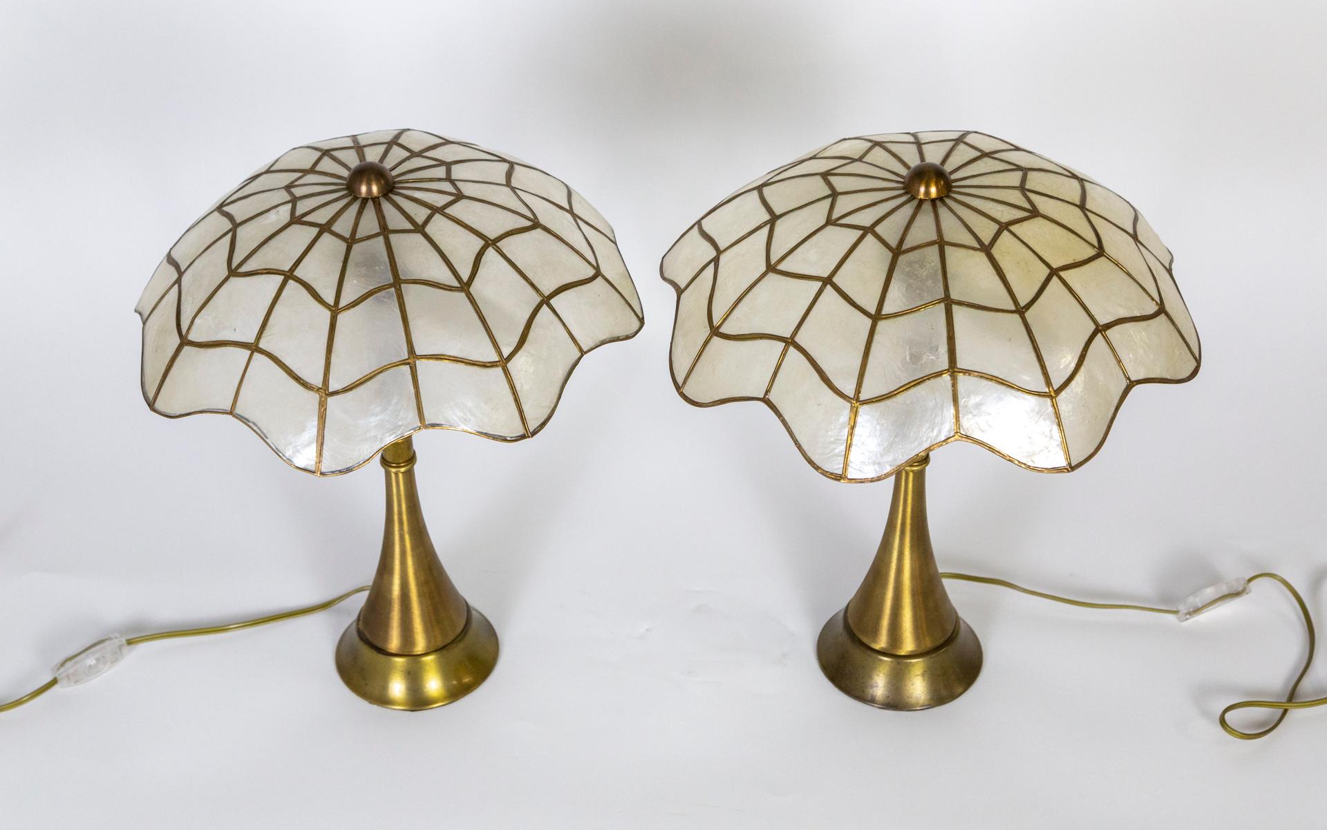 Hollywood Regency Brass Stemmed Lamps w/ Capiz Shell Umbrella Shades, Pair For Sale