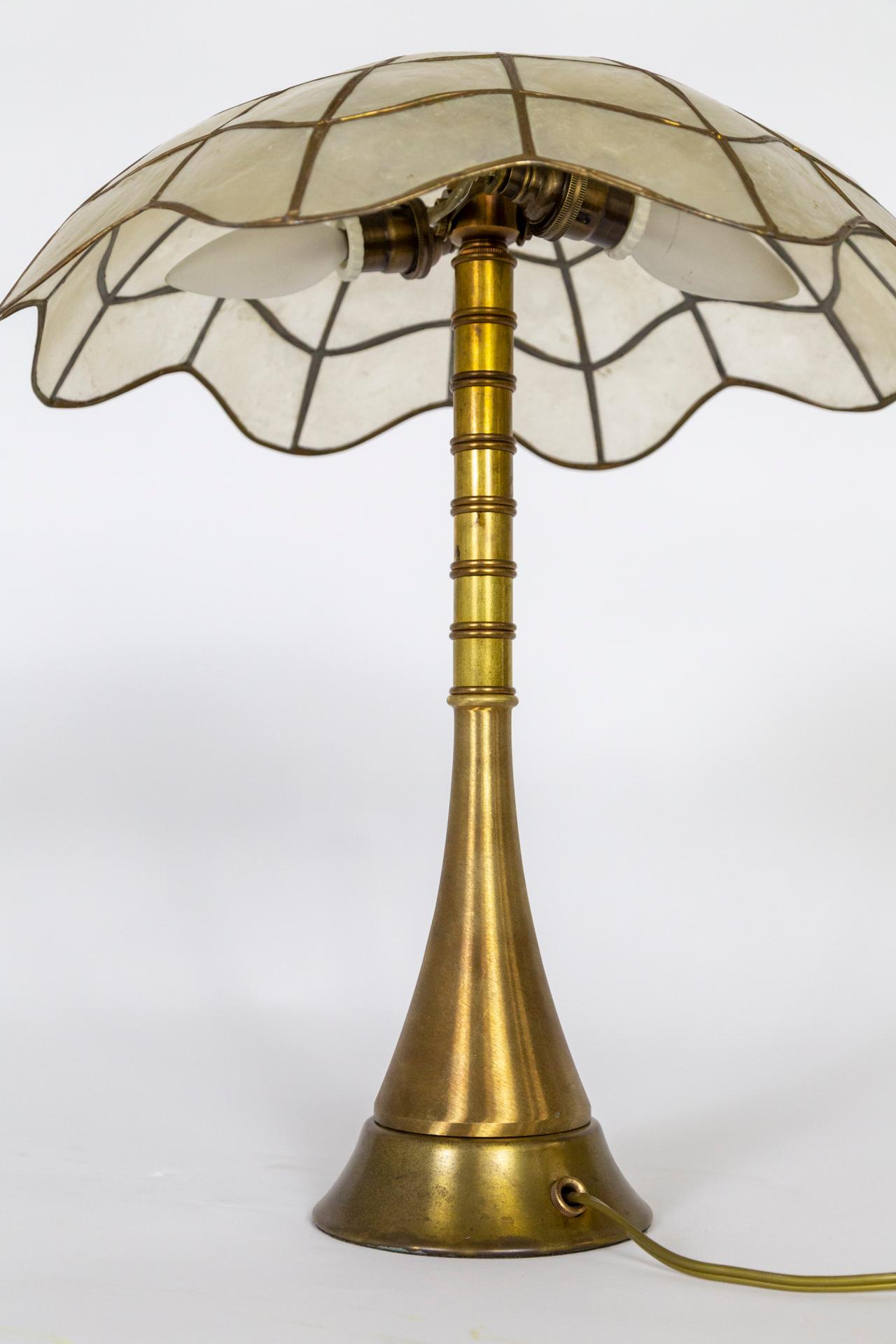 Brass Stemmed Lamps w/ Capiz Shell Umbrella Shades, Pair In New Condition For Sale In San Francisco, CA