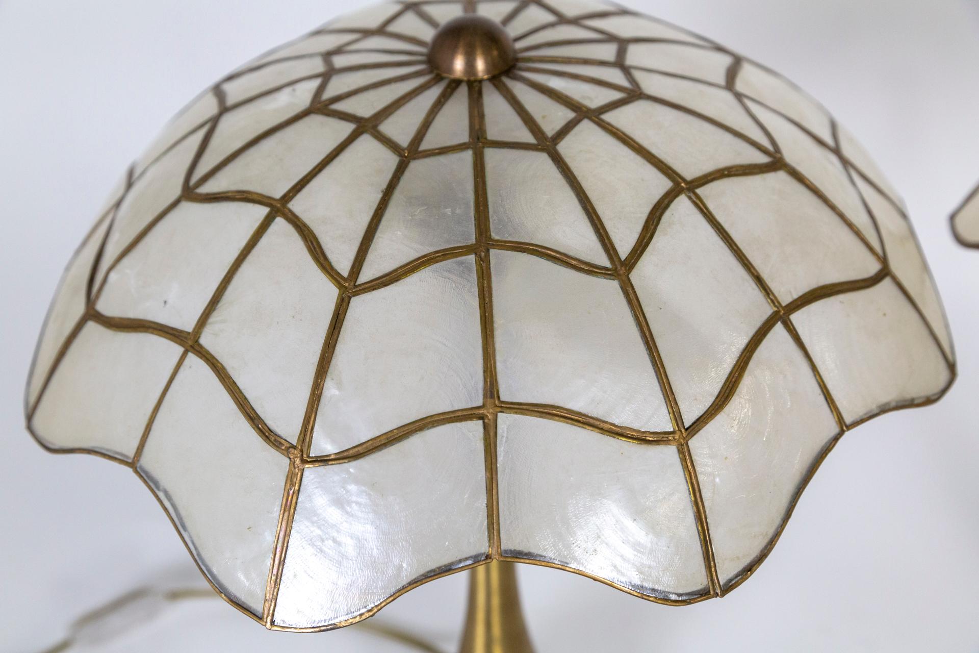 Contemporary Brass Stemmed Lamps w/ Capiz Shell Umbrella Shades, Pair For Sale