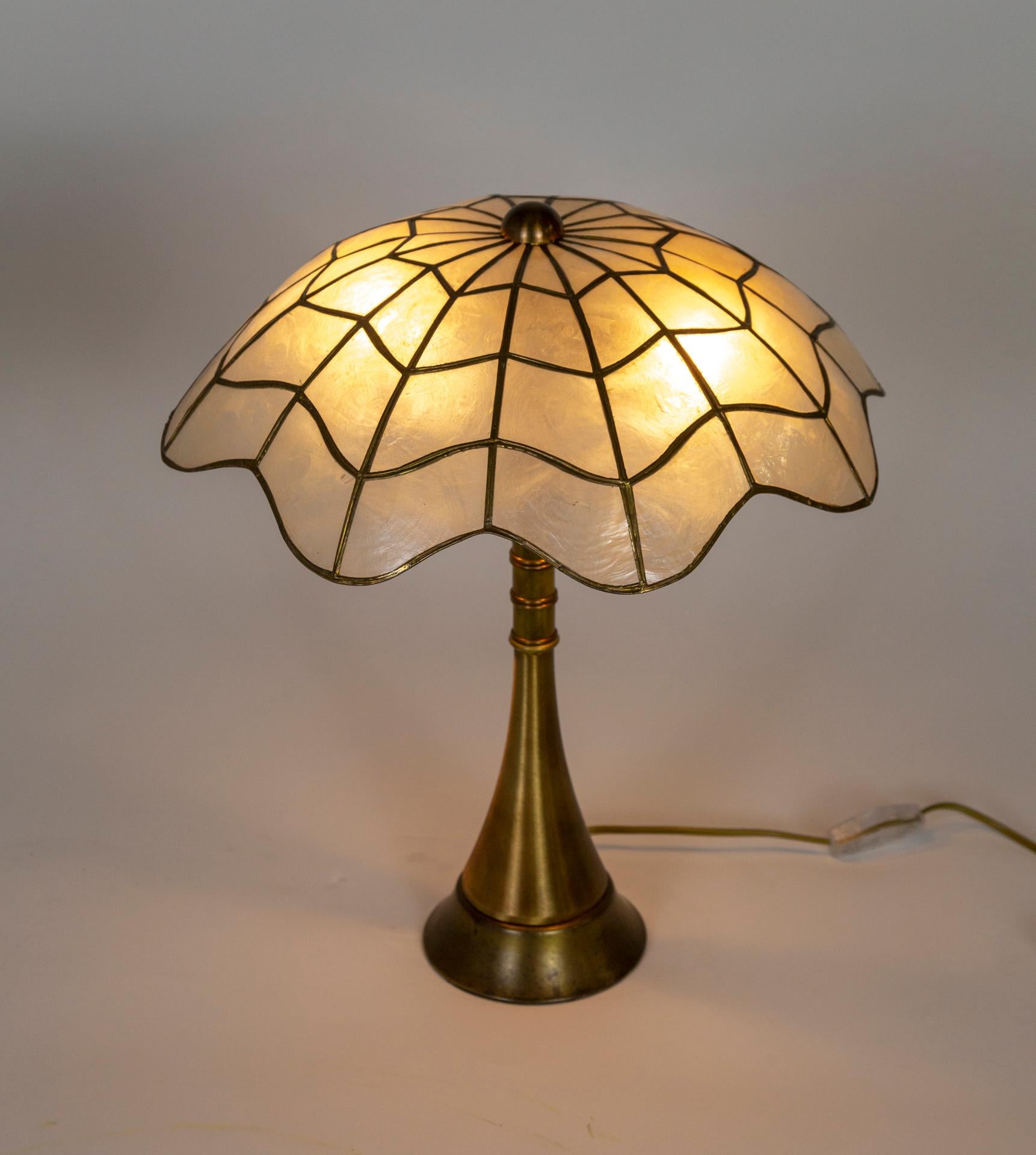 Brass Stemmed Lamps w/ Capiz Shell Umbrella Shades, Pair For Sale 2