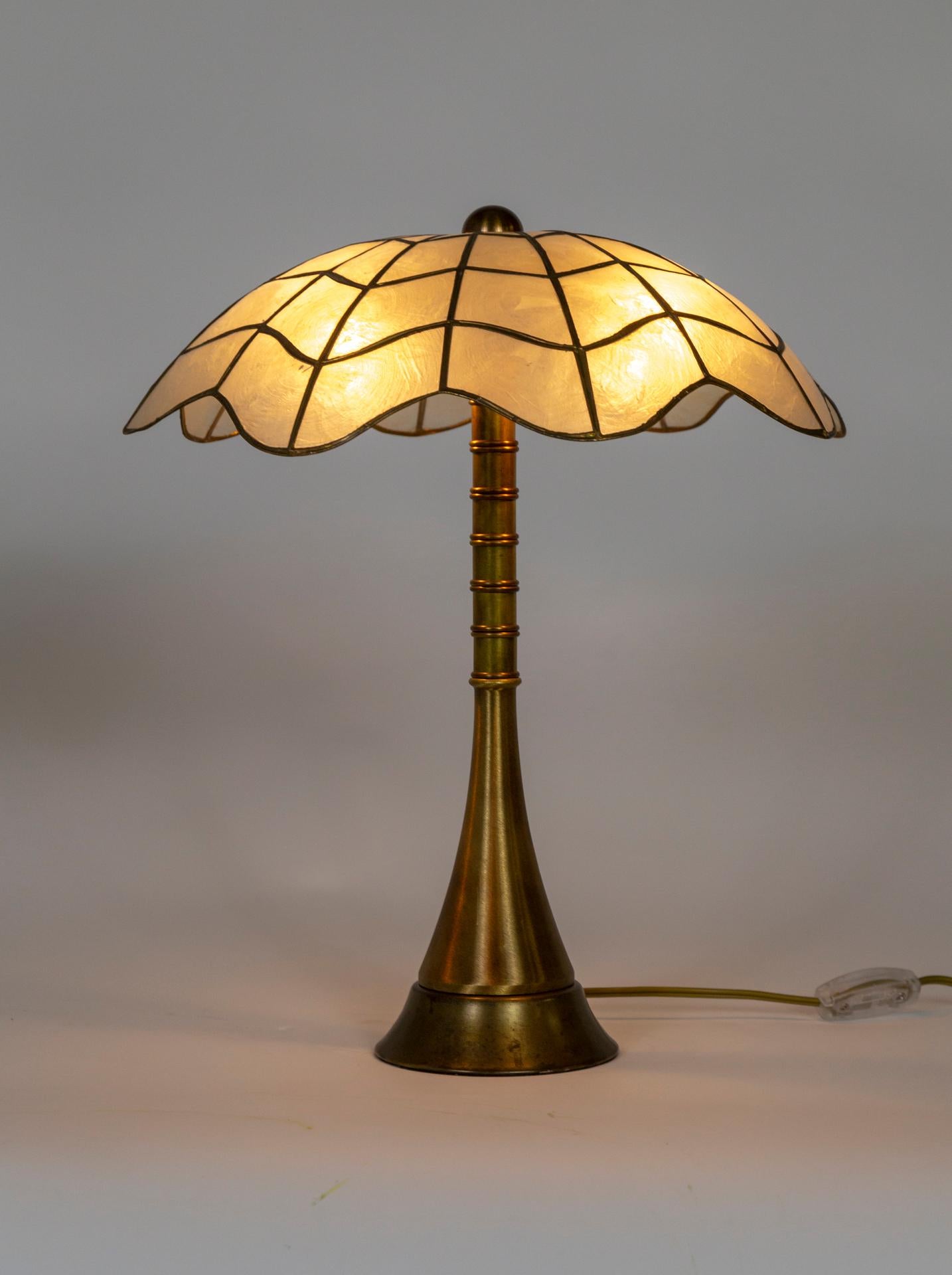 Brass Stemmed Lamps w/ Capiz Shell Umbrella Shades, Pair For Sale 3