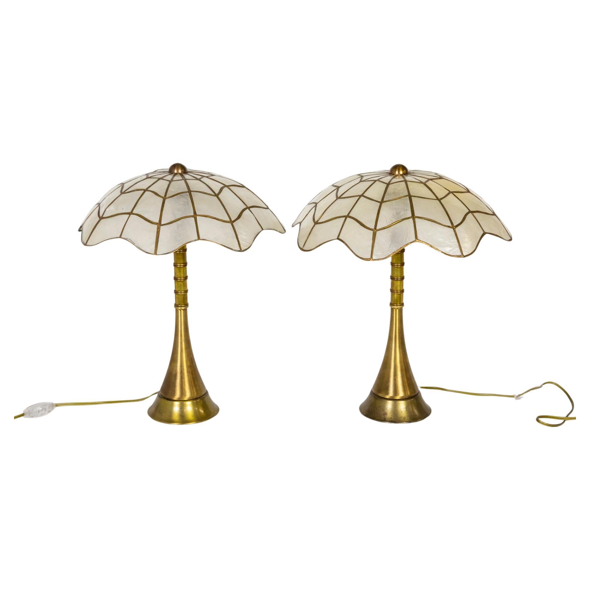 Brass Stemmed Lamps w/ Capiz Shell Umbrella Shades, Pair For Sale