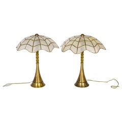 Brass Stemmed Lamps w/ Capiz Shell Umbrella Shades, Pair