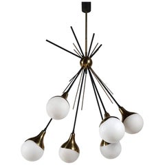 Brass Stilnovo Ceiling Lamp with Six Opal Glass Shades