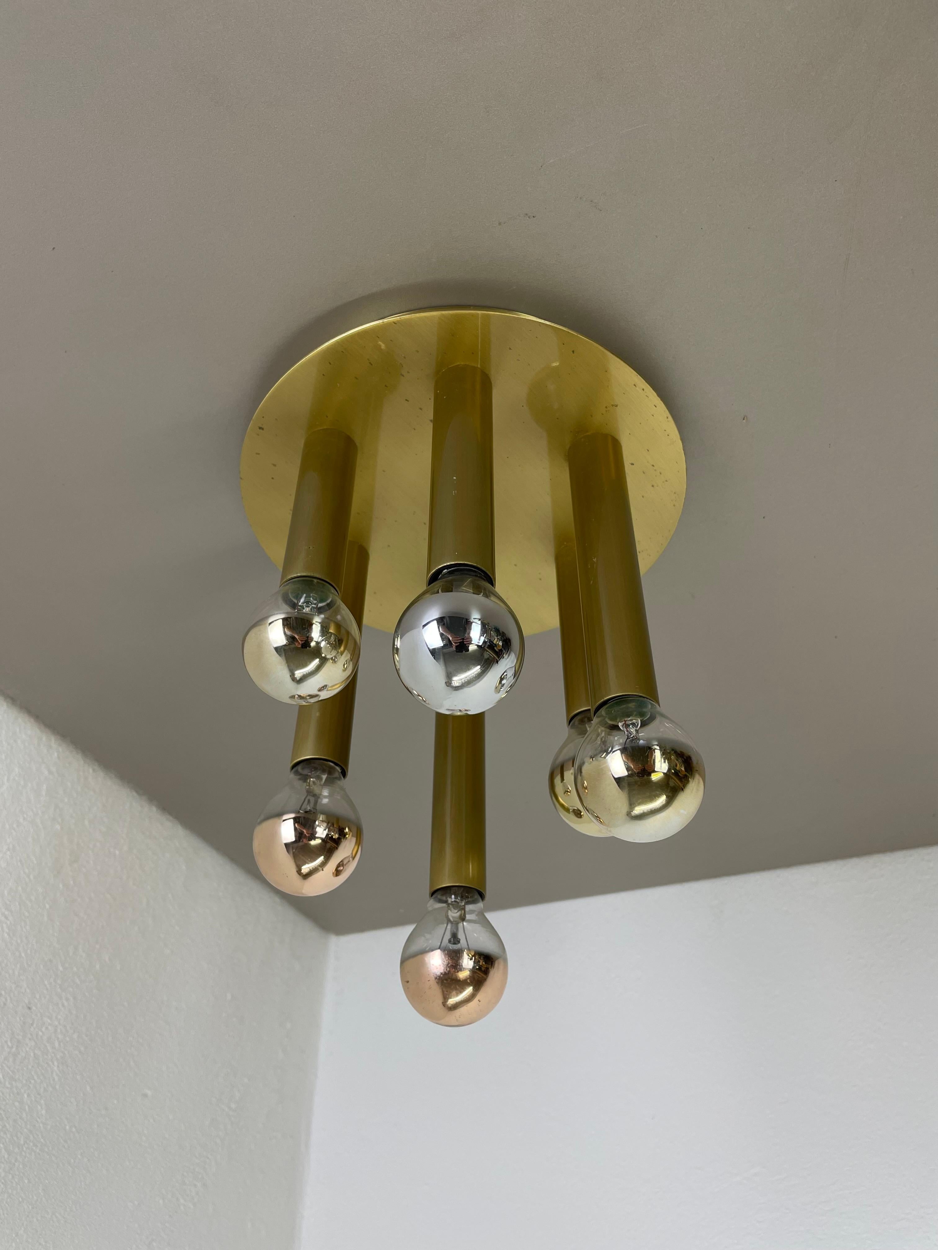 Mid-Century Modern Brass Stilnovo Style Atomic Space Age Tube Ceiling Light Sconces, Italy, 1970 For Sale