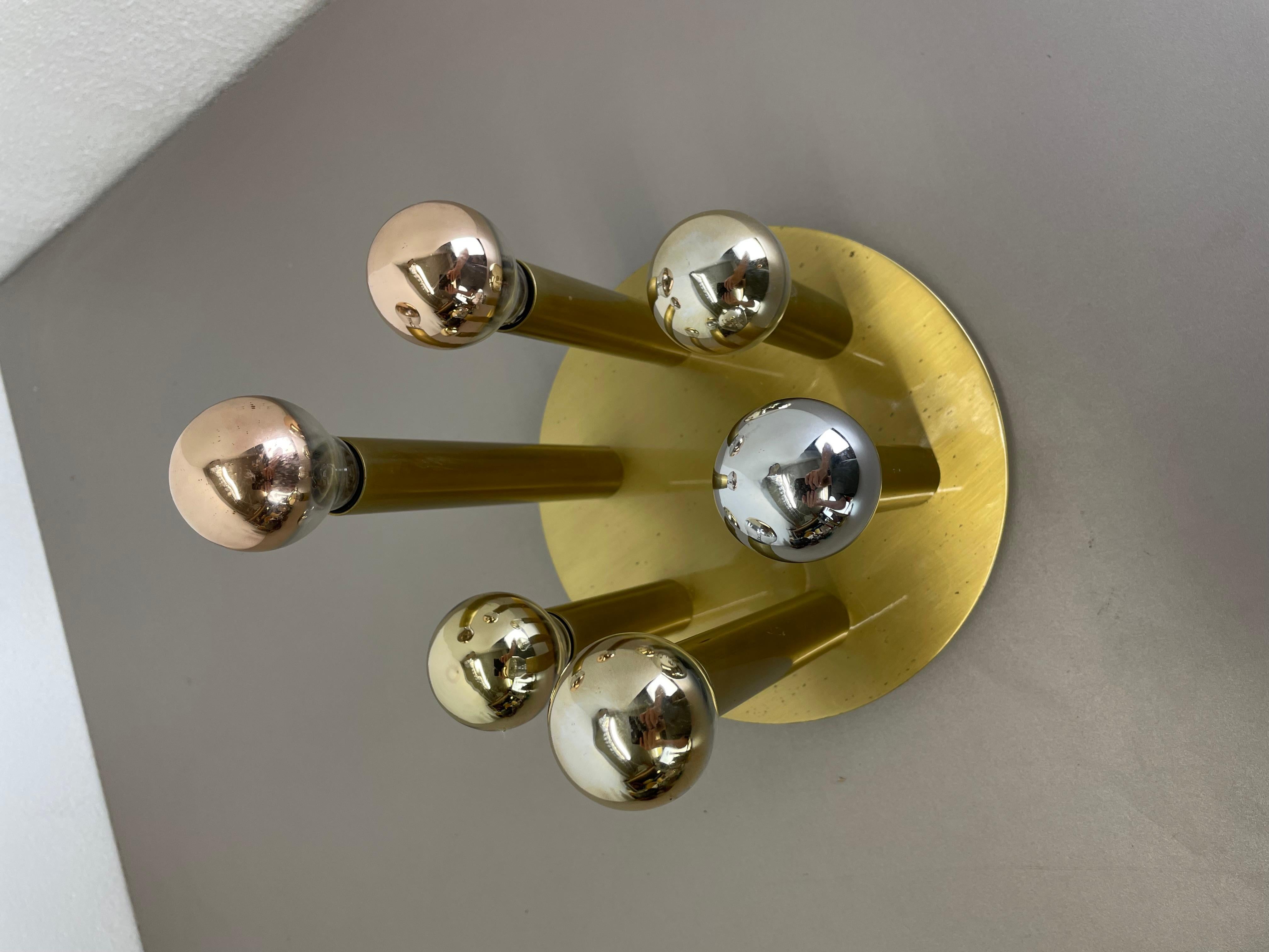 Metal Brass Stilnovo Style Atomic Space Age Tube Ceiling Light Sconces, Italy, 1970 For Sale