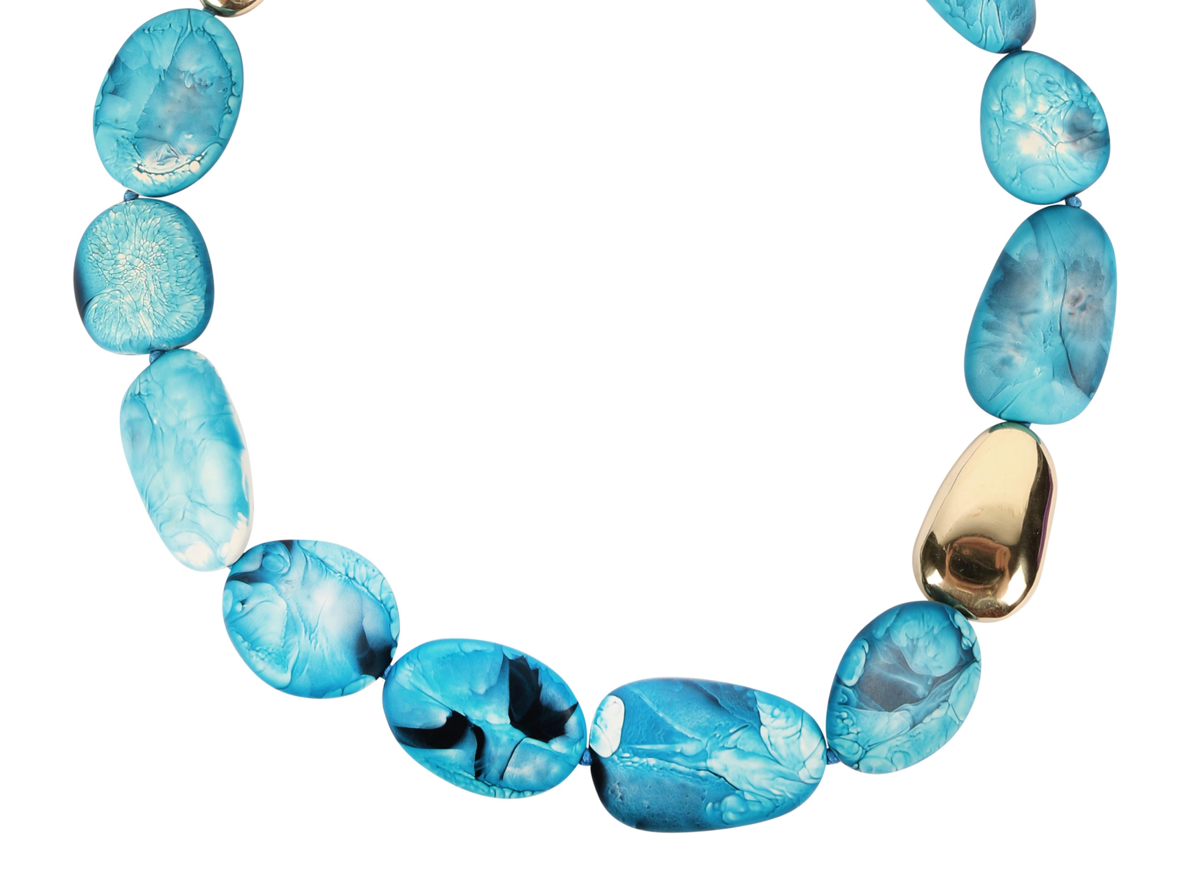 Contemporary Brass Resin Stone Necklace in Moody Blue For Sale