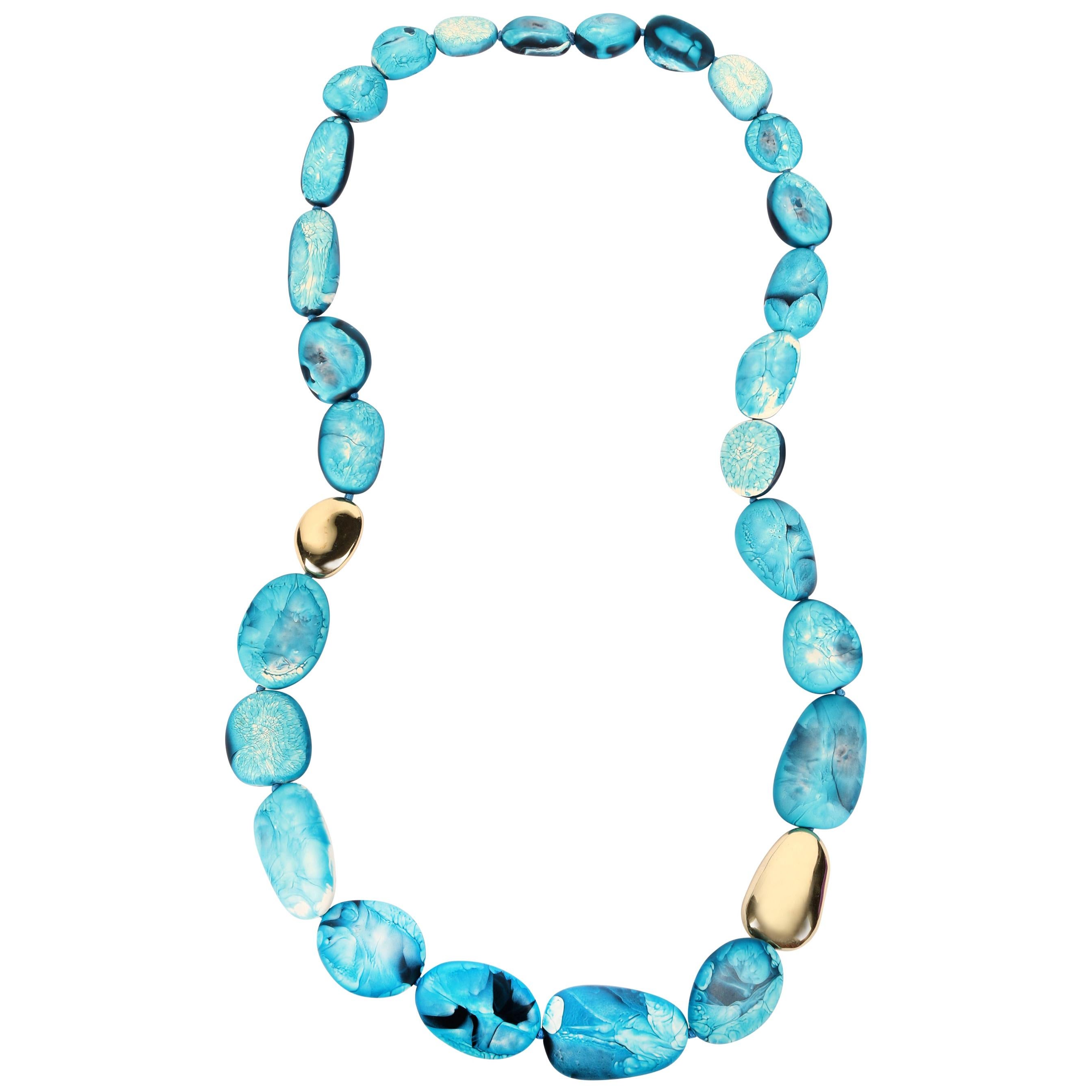 Brass Resin Stone Necklace in Moody Blue For Sale