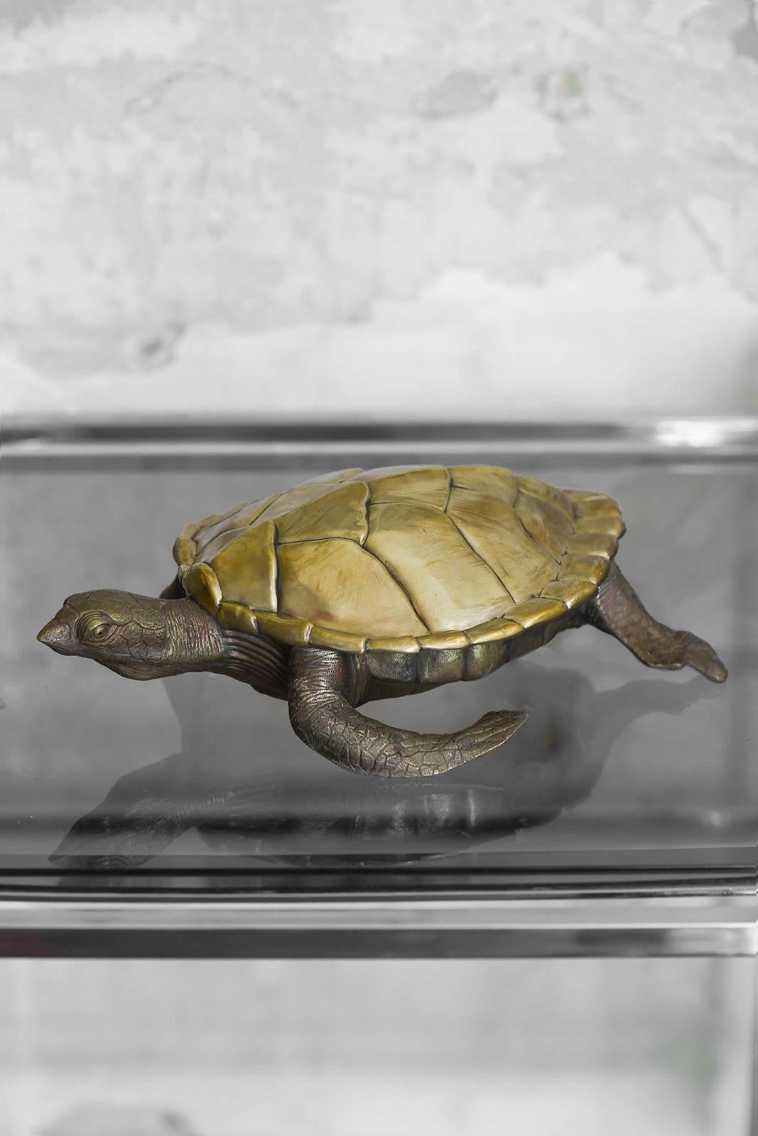 Svuota tasche artigianale in ottone, realizzato in Italia, con dimensioni di 40x11x27 cm. Raffigura in modo intricato una tartaruga, offrendo un'interpretazione elegante e raffinata. Realizzato in ottone di alta qualità e lavorato meticolosamente