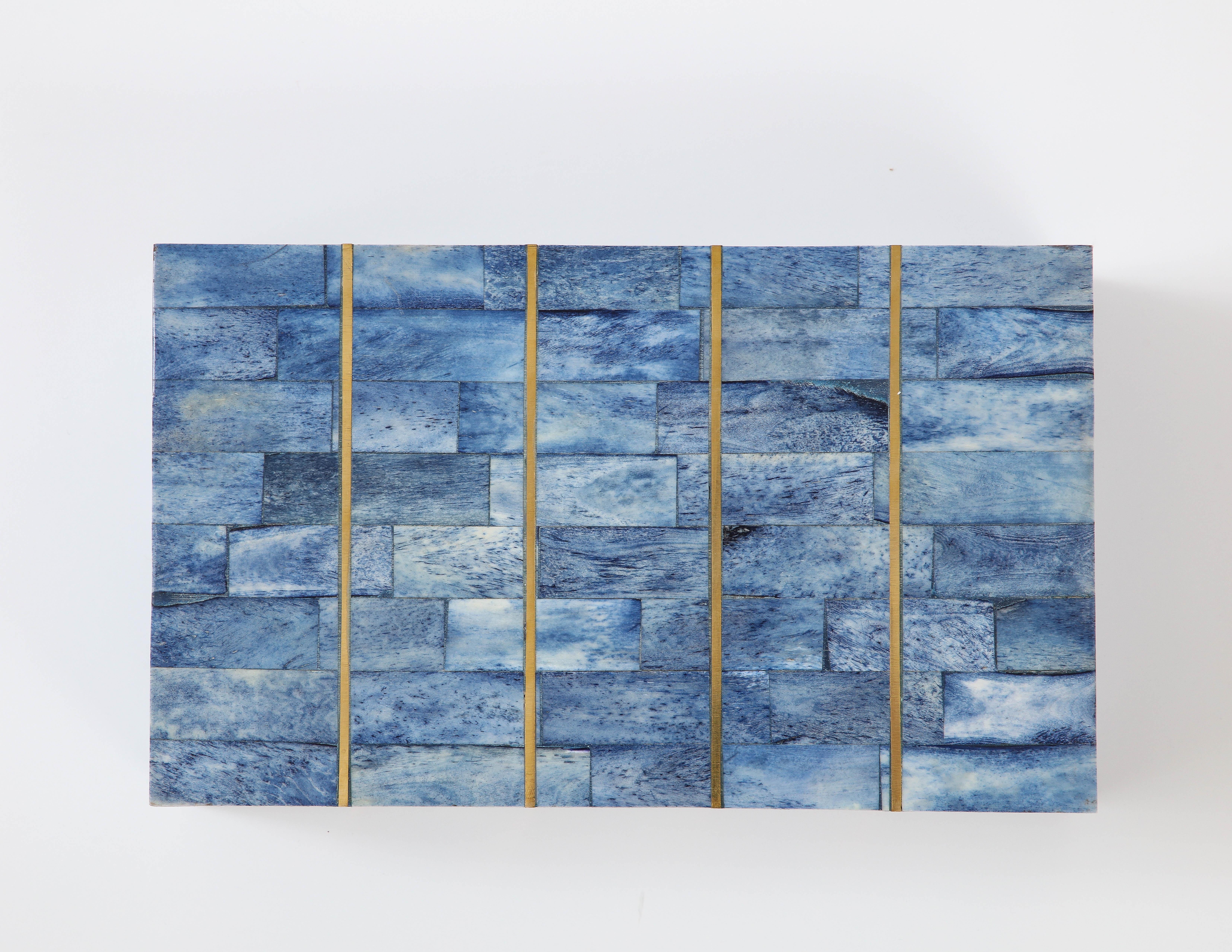 Brass Stripe Inlay Blue Bone Box In New Condition In New York, NY