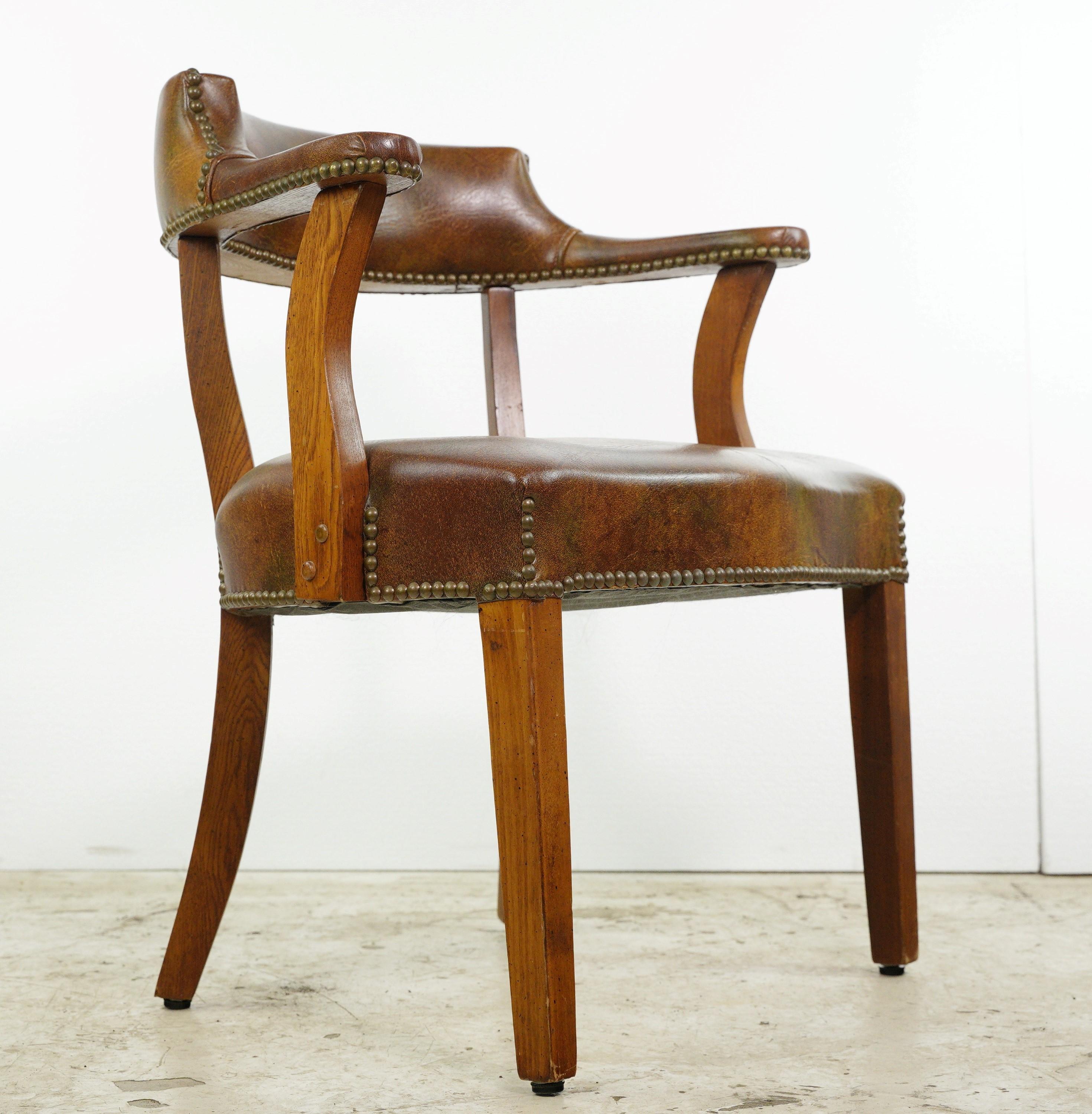 Mid-Century Modern Brass Studded Brown Vinyl + Wood Office Arm Chair