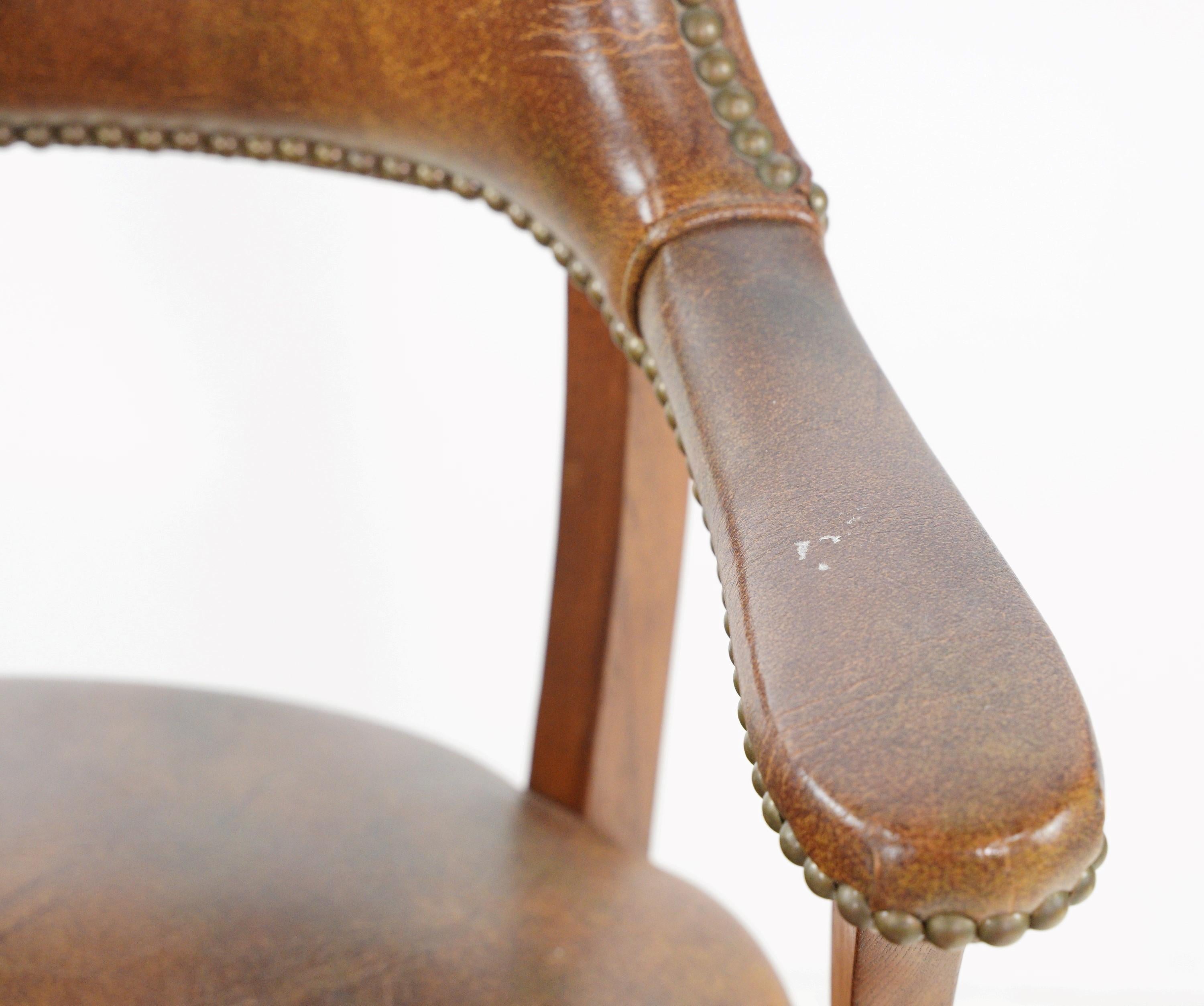 American Brass Studded Brown Vinyl + Wood Office Arm Chair