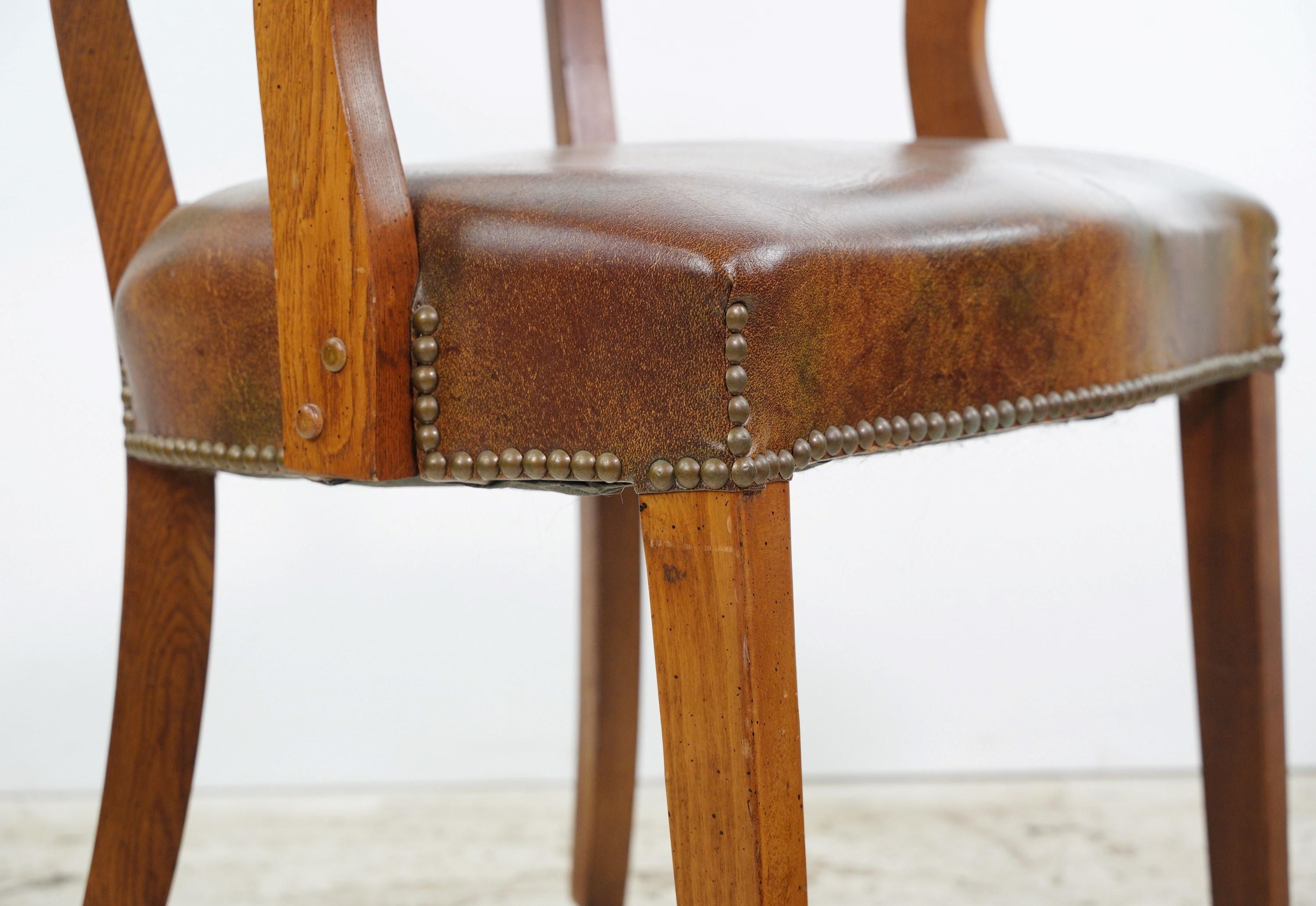 Brass Studded Brown Vinyl + Wood Office Arm Chair In Good Condition In New York, NY