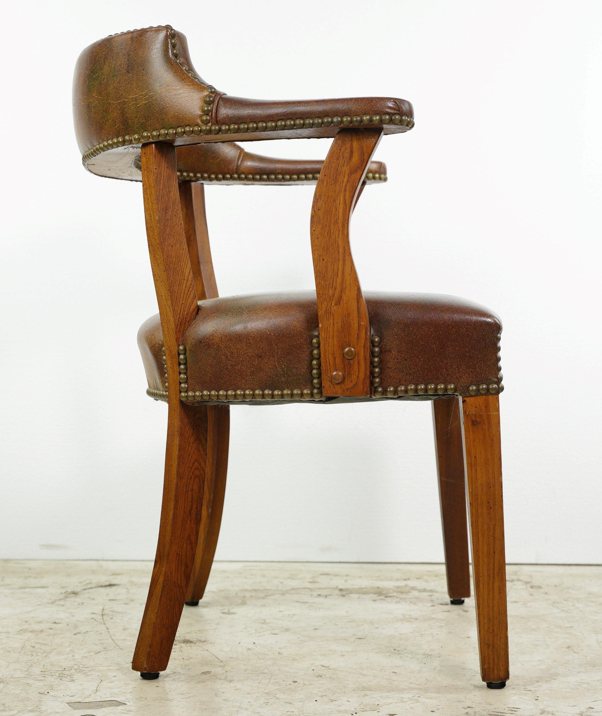 20th Century Brass Studded Brown Vinyl + Wood Office Arm Chair